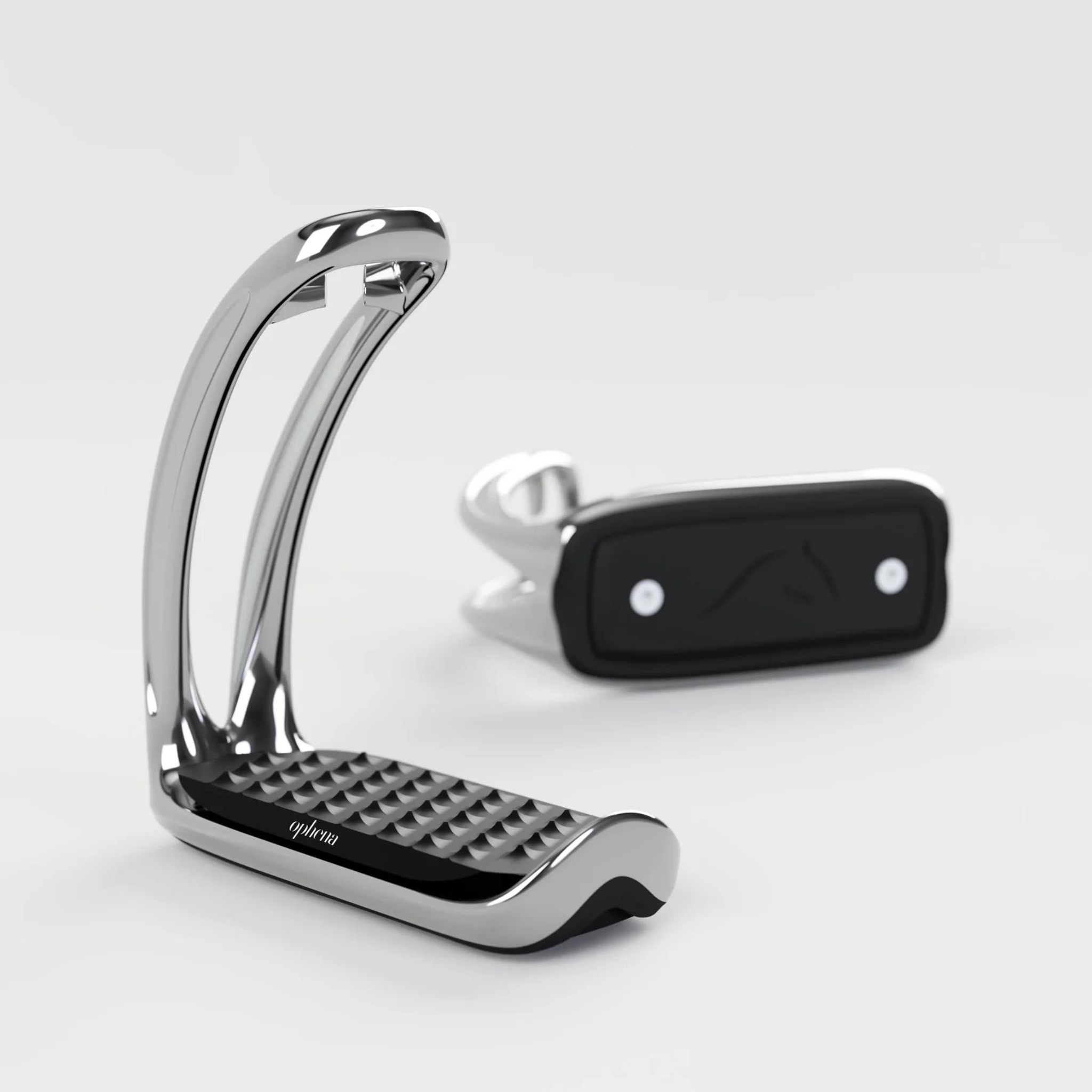 A pair of silver Ophena magnetic safety stirrups with a black pro-grip footbed and no outer branch, displayed against a white background.