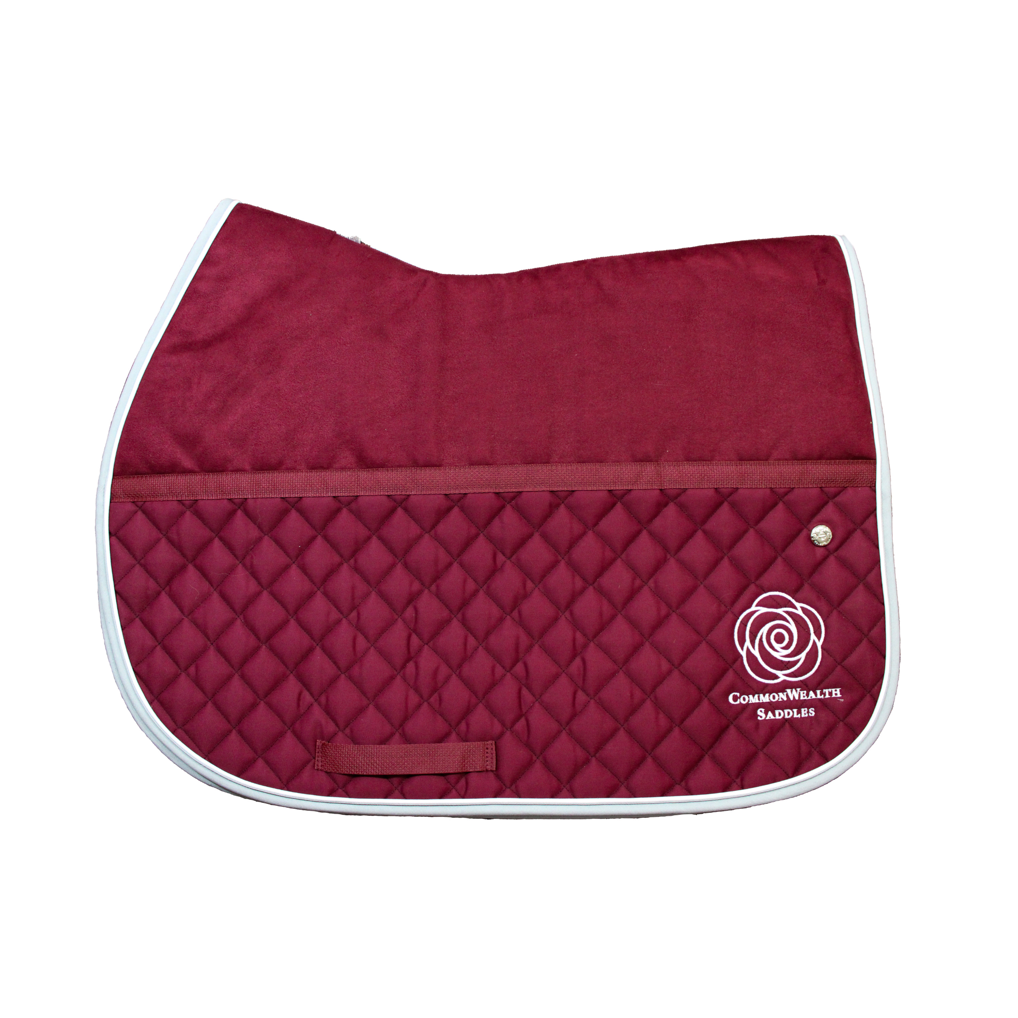 A burgundy friction-free Ogilvy saddle pad with a microfibre upper and quilted lower, and a CommonWealth logo embroidered on the back left corner of the pad.