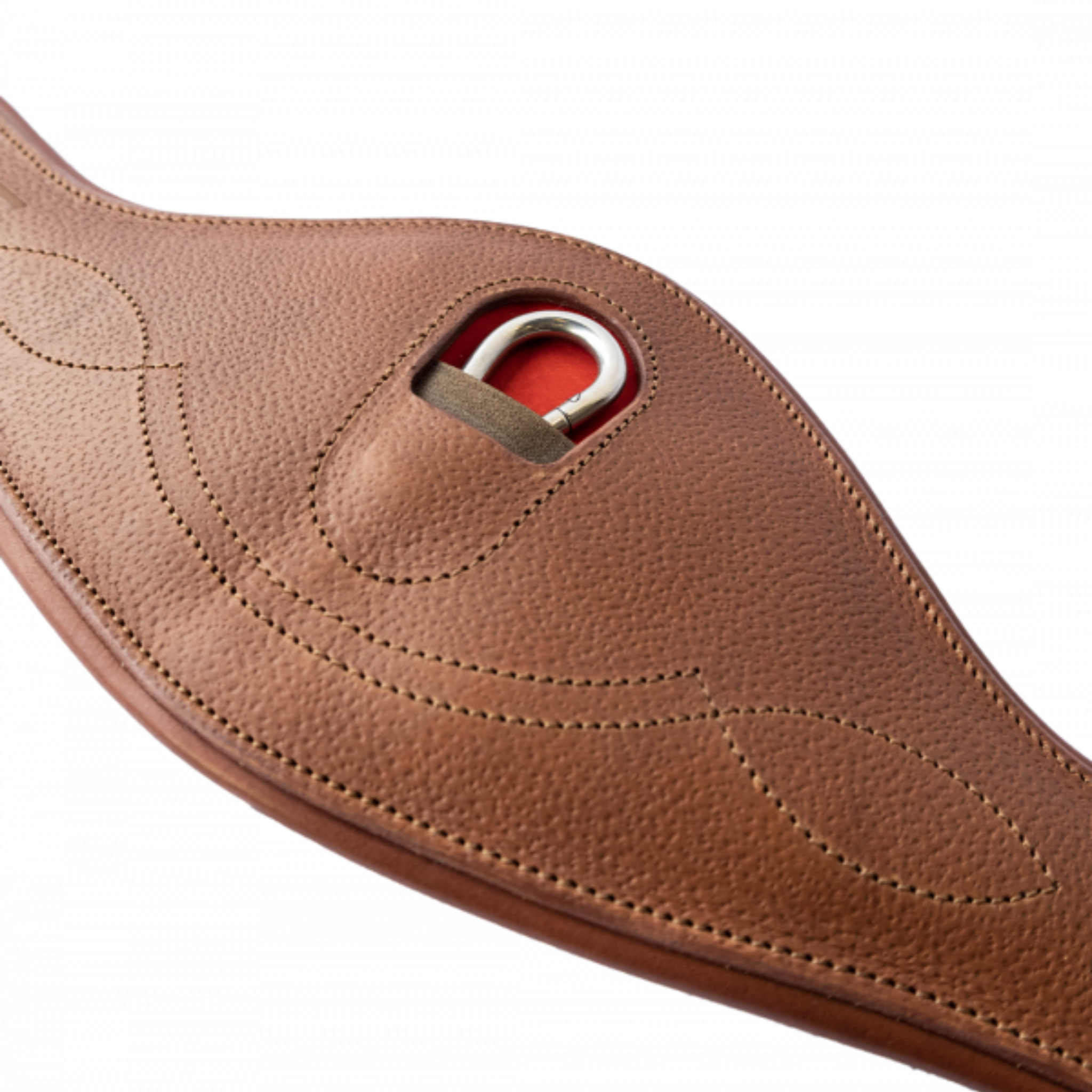 A brown leather Meyer long anatomical girth with a centre carabiner with red accent, and a fancy stitch design.