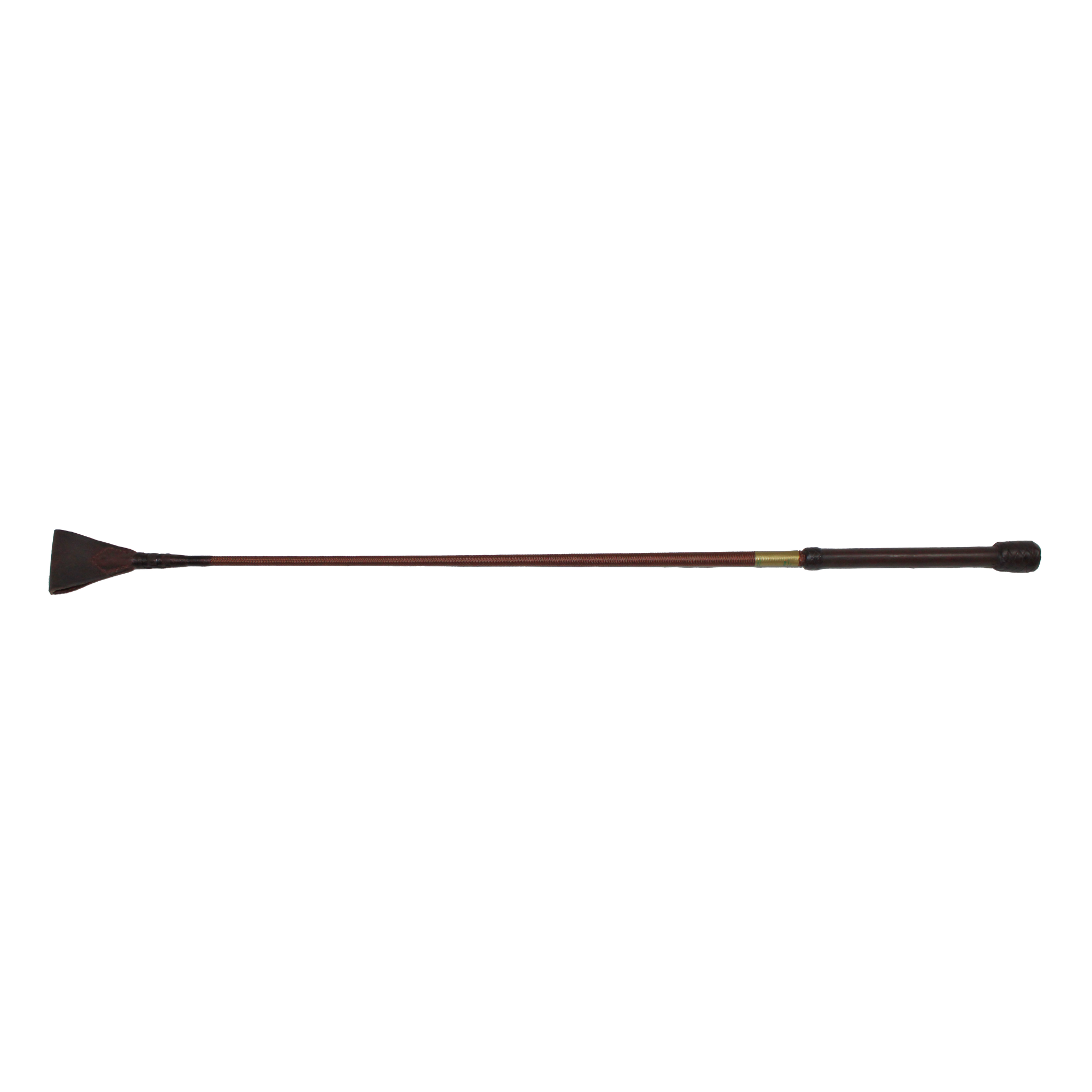A brown nylon riding whip with a leather handle, laid out straight against a white background.