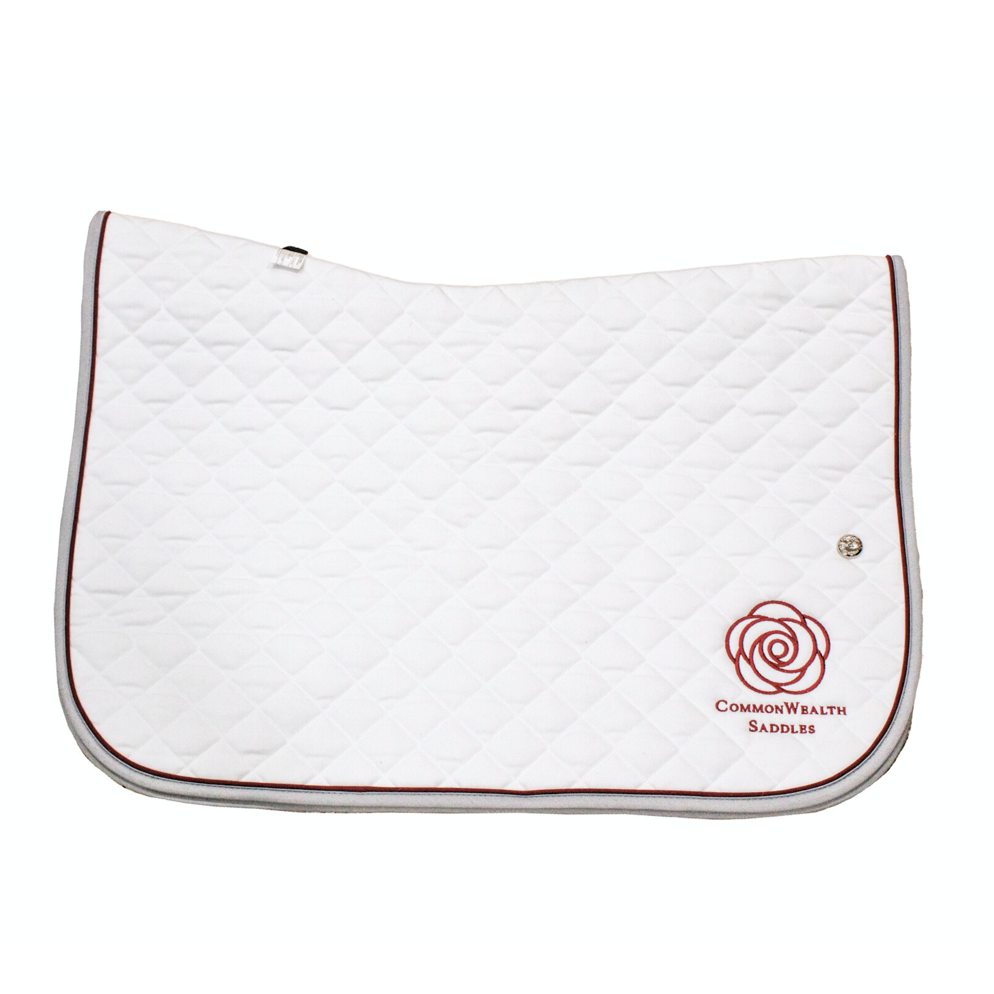 A quilted white Ogilvy baby pad with grey binding and burgundy piping, and the CommonWealth logo on the back left corner of the pad. 