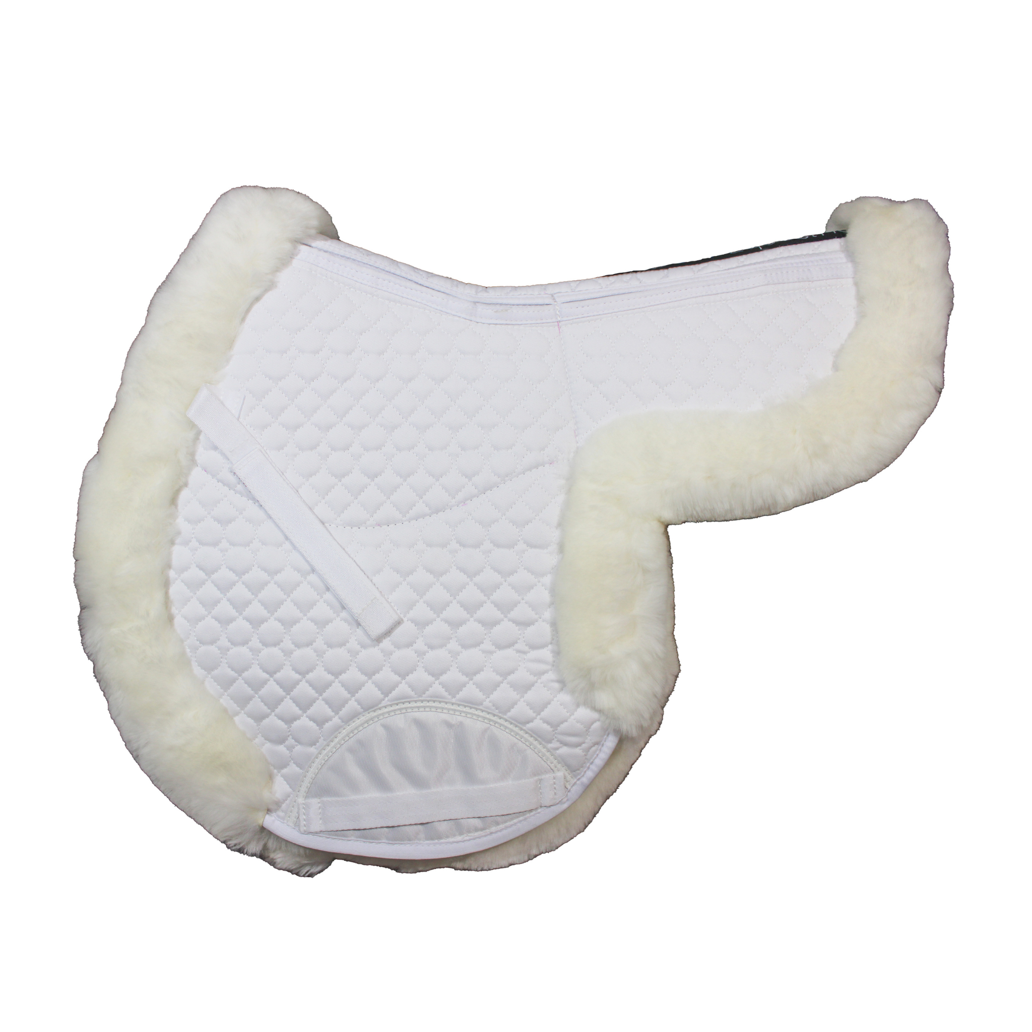 A white, shimmable sheepskin hunter pad with quilted base and sheepskin rolled edges against a white background