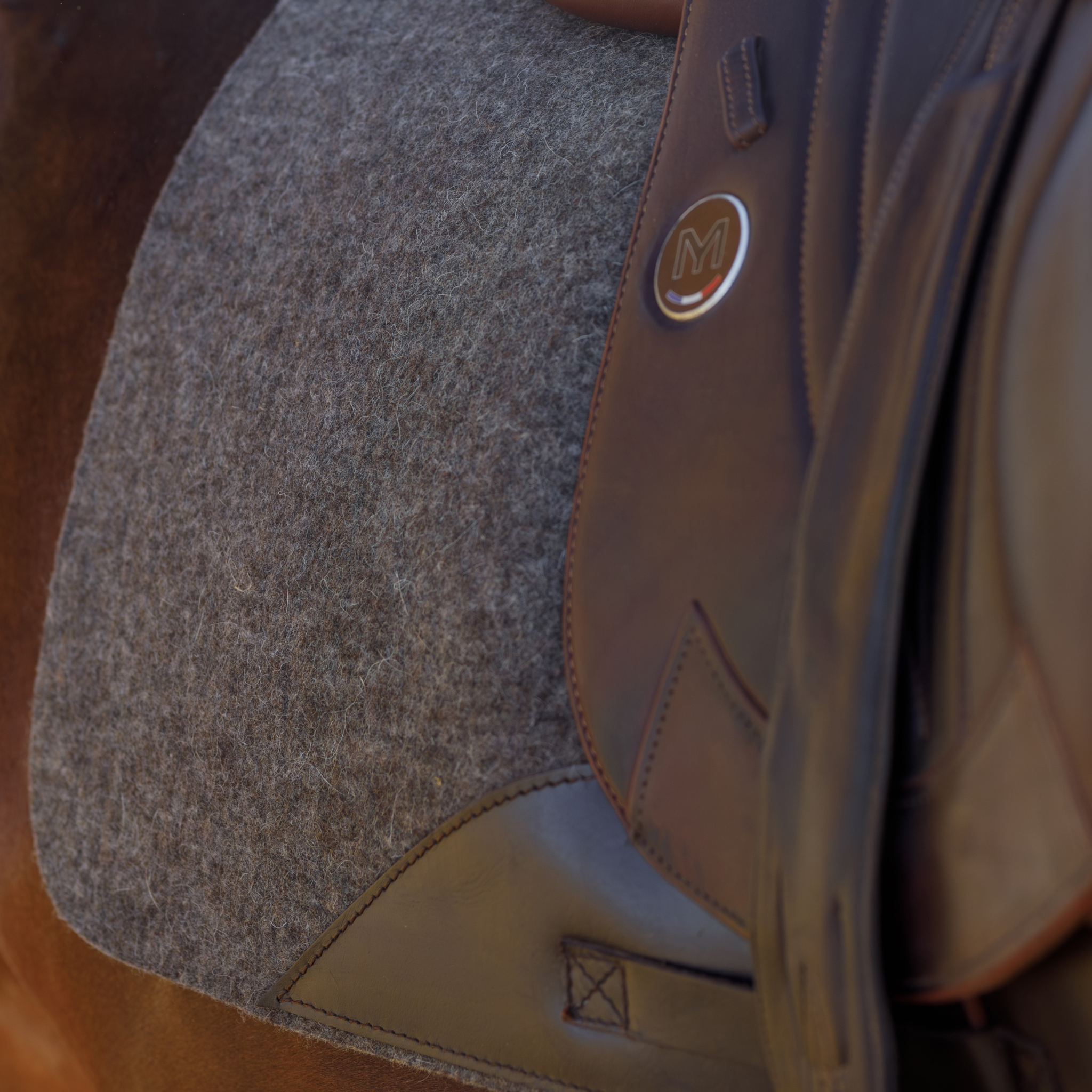 Close-up of a brown Meyer saddle with a natural felt saddle pad underneath.