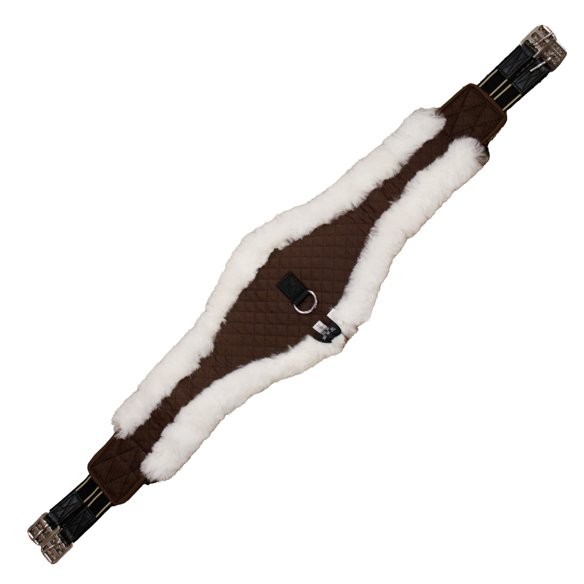 A brown Leveza long anatomical girth with white sheepskin lining