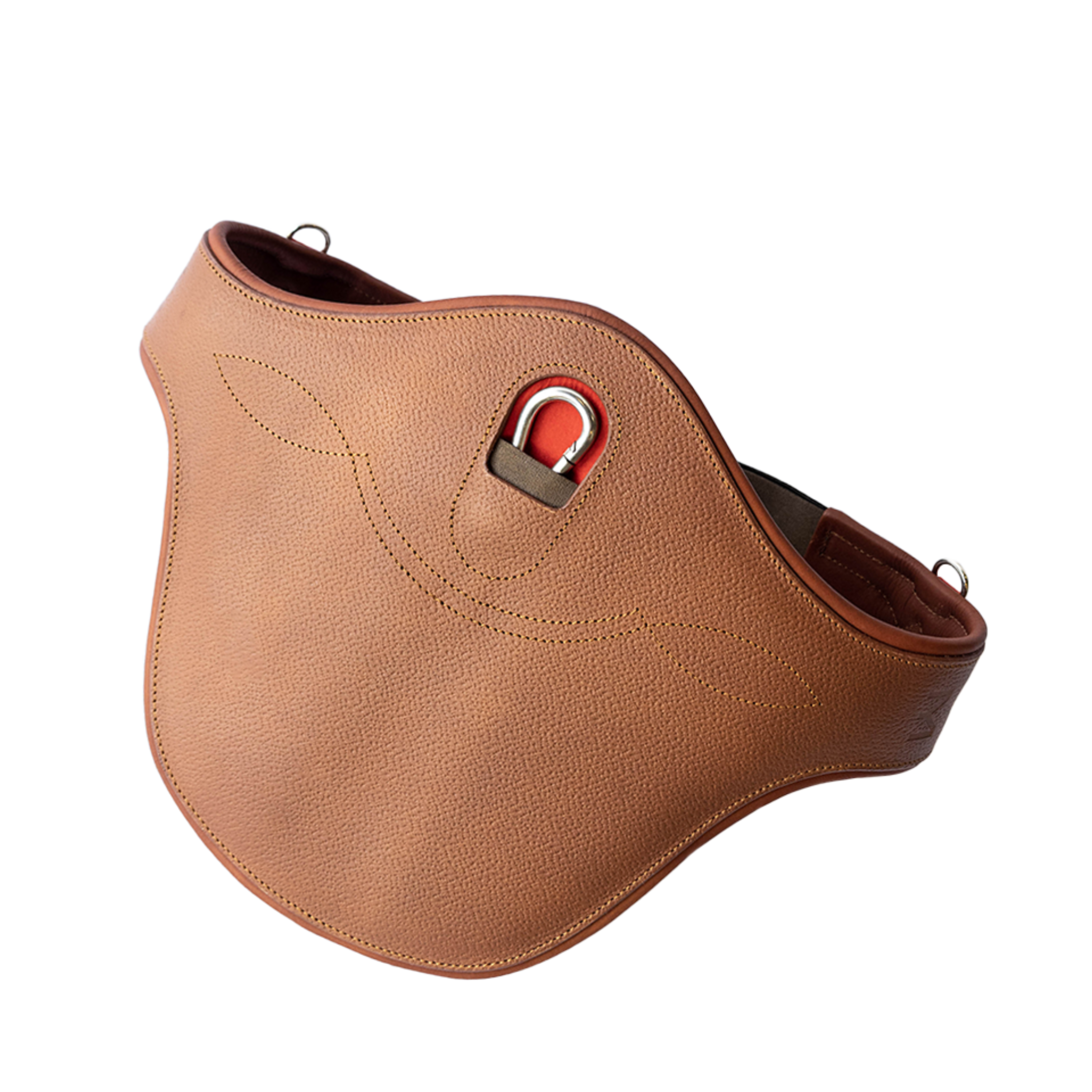 A brown Meyer stud girth with a durable belly pad, centre carabiner with red accent, and fancy stitch design