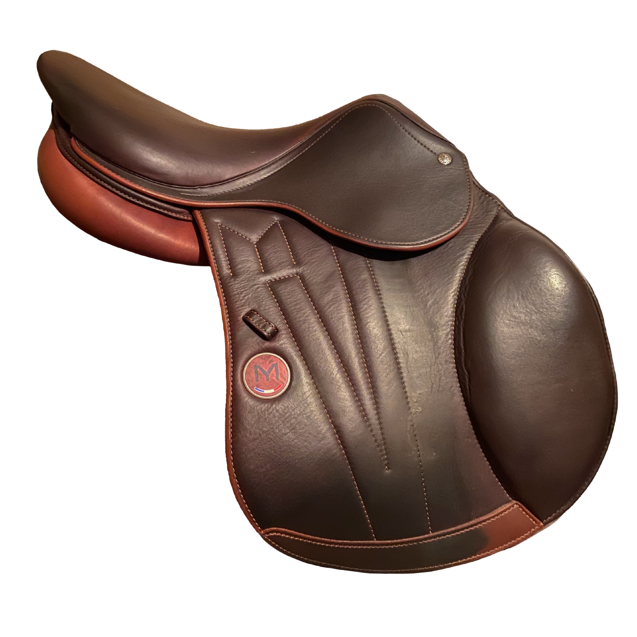 Right side profile view of a Meyer Act 2 jump saddle in brown calf leather, with a hunter brown Meyer logo. 