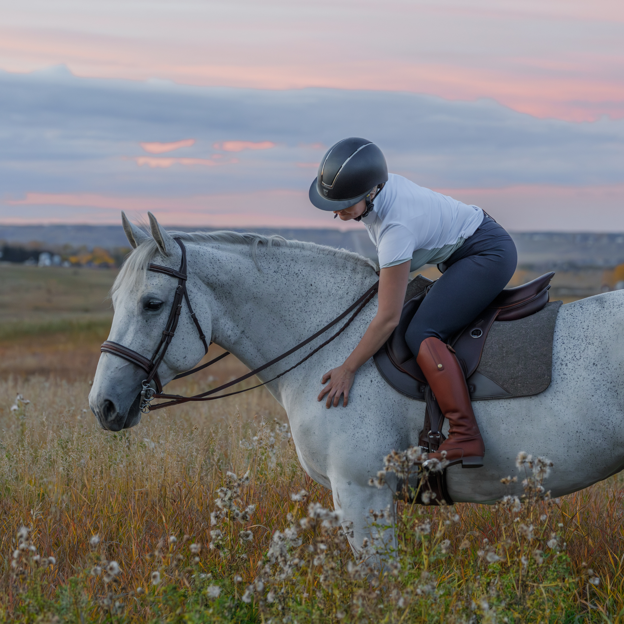 Person riding a white horse in a Meyer saddle and natural felt half pad, in a field with a sunset sky. 