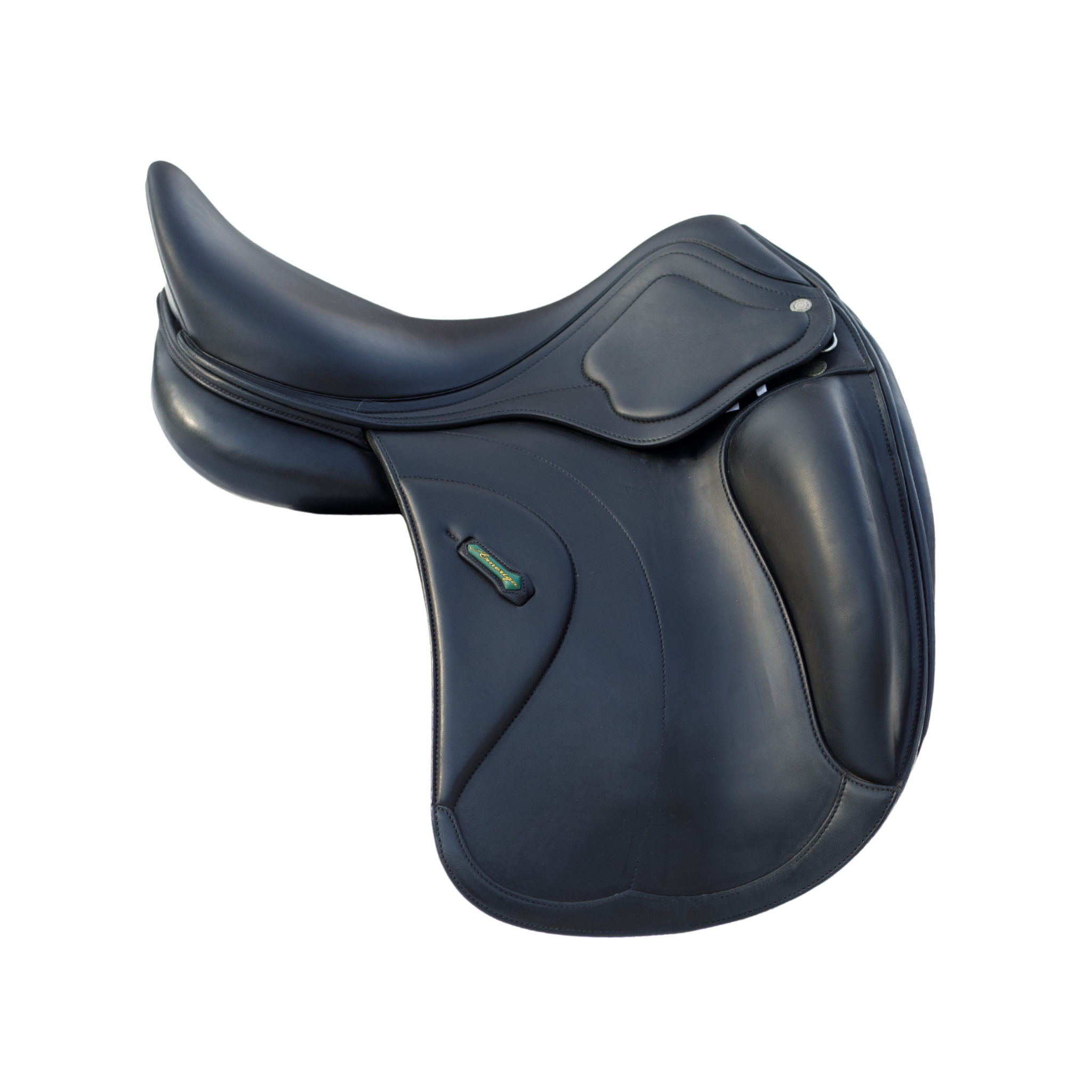 Right side profile view of an Amerigo Classic monoflap dressage saddle in black Pinerolo leather with a green and yellow Amerigo logo loop and external Sienna block, against a white background