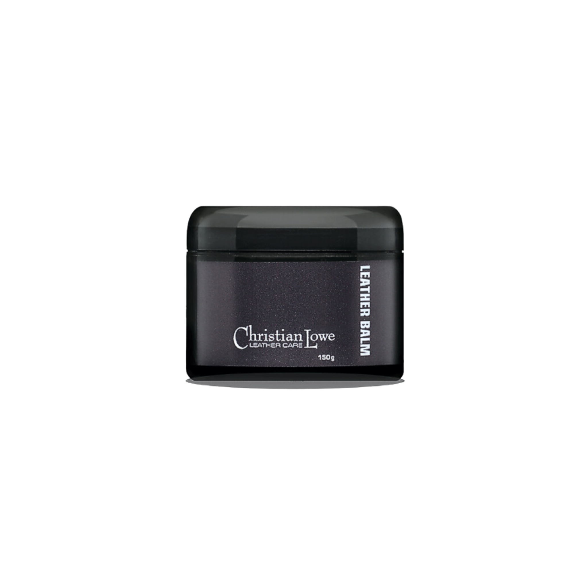 A black container of Christian Lowe leather balm against a white background