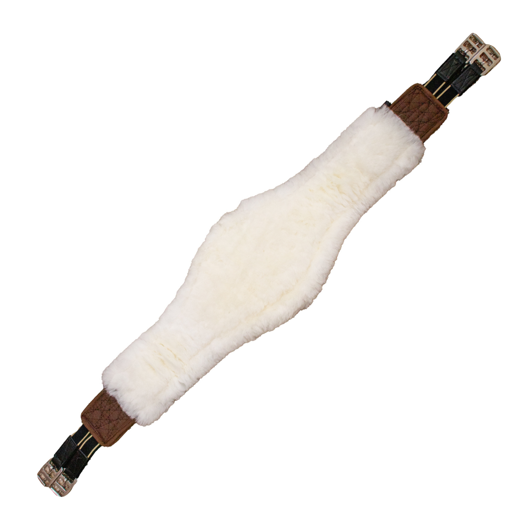 A brown Leveza long anatomical girth with white sheepskin lining