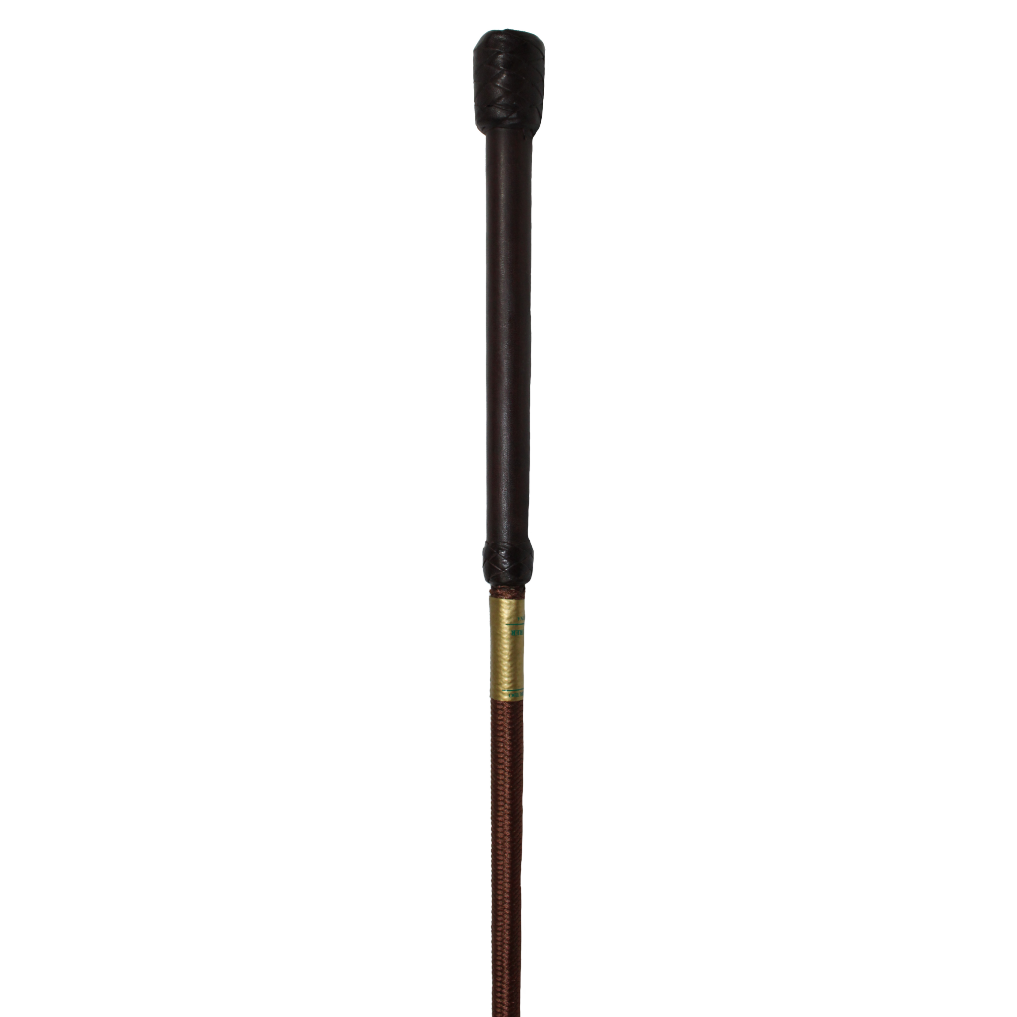 A brown nylon riding whip with a leather handle laid out straight against a white background.