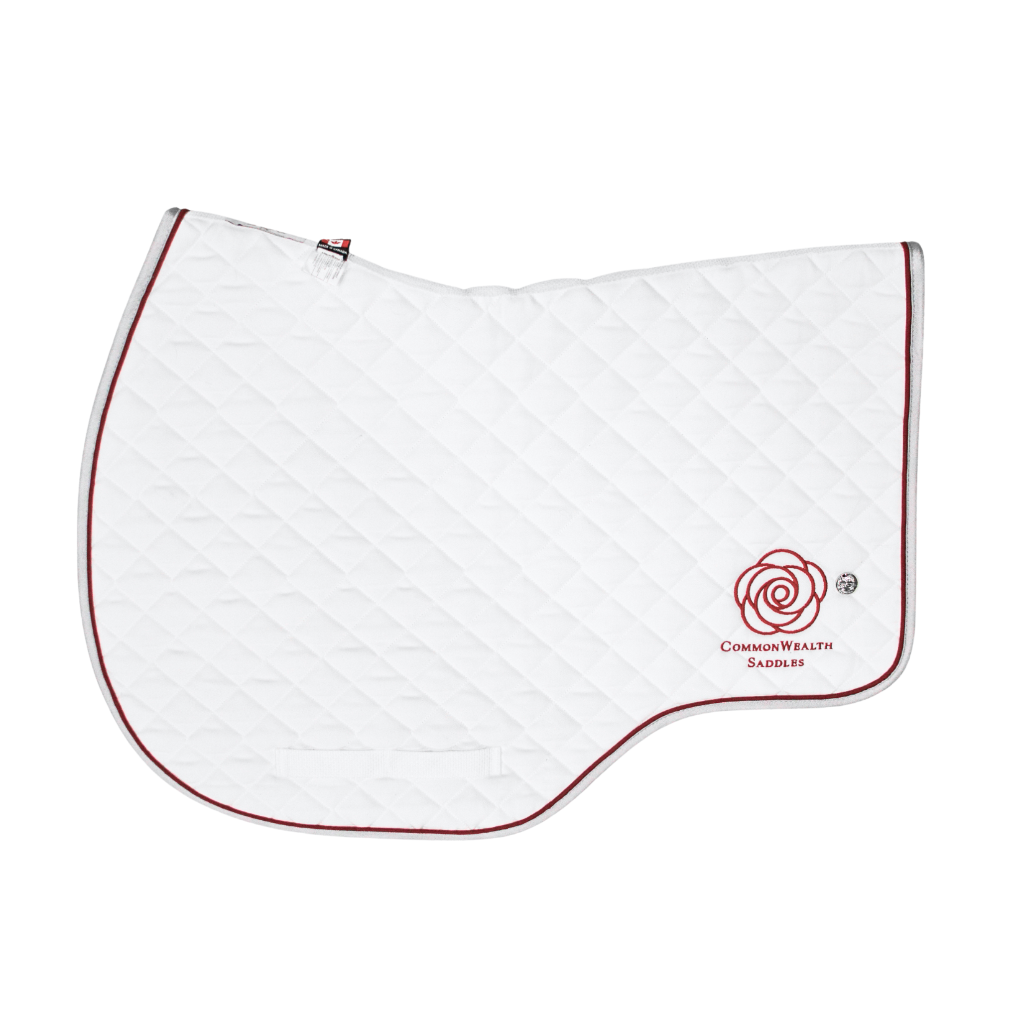 A quilted white Ogilvy eventing saddle pad with grey binding and burgundy piping, and the CommonWealth logo on the back left corner of the pad. 