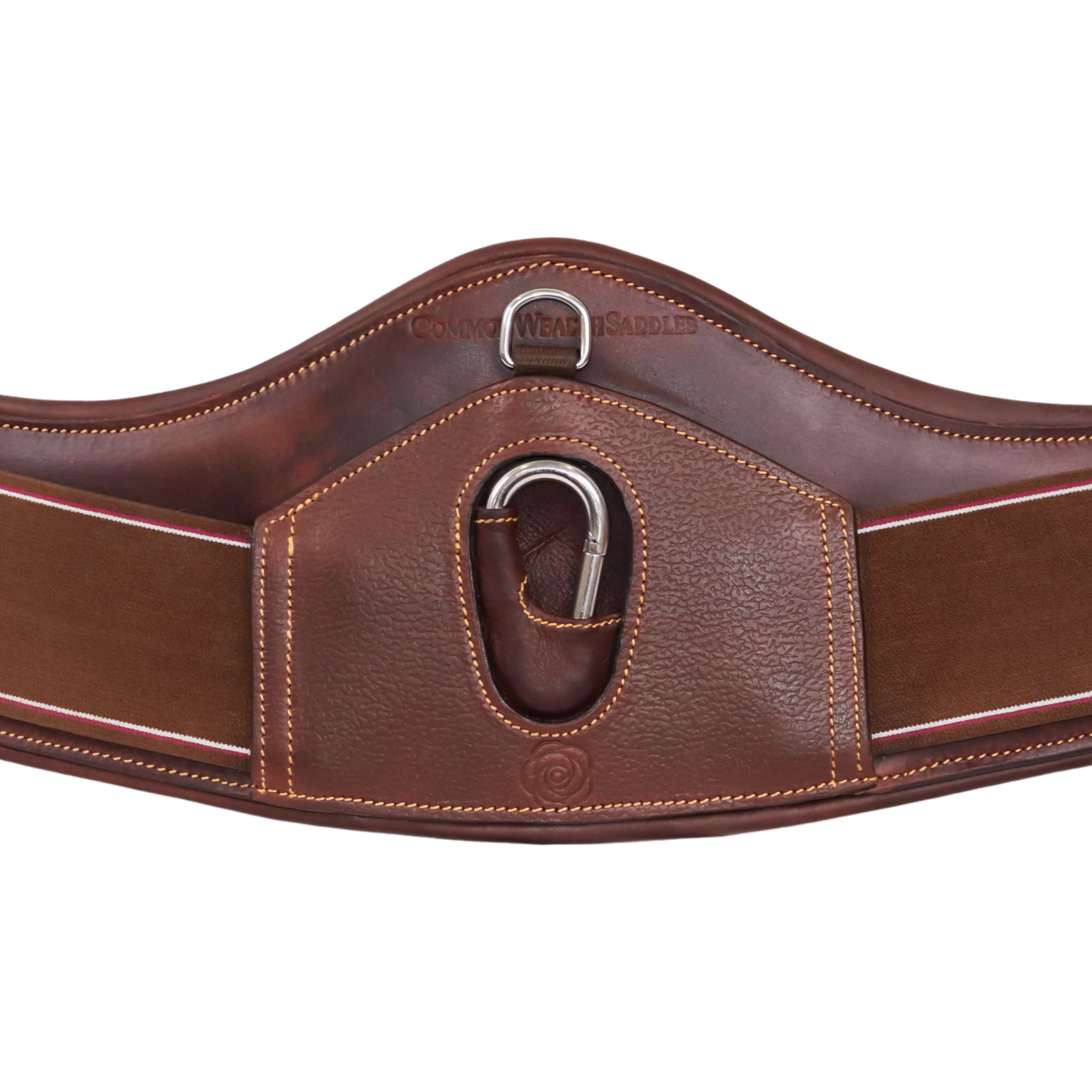 Close up of centre portion of brown Powell Short Girth against a white backgorund