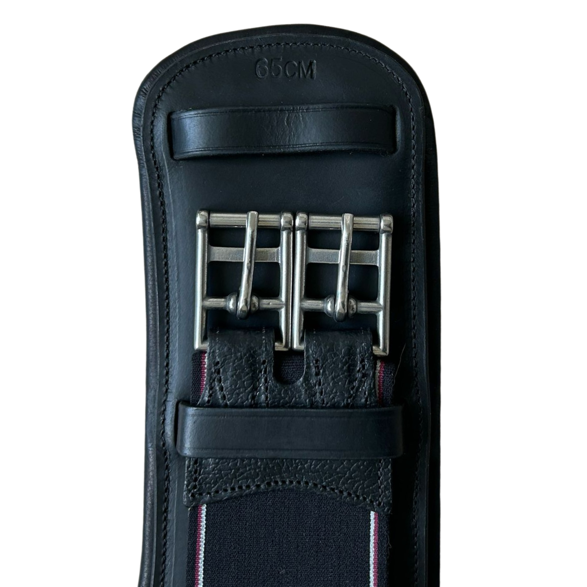 Close up of black Powell girth on a white background. Photo focuses on the buckles and girth elatic.