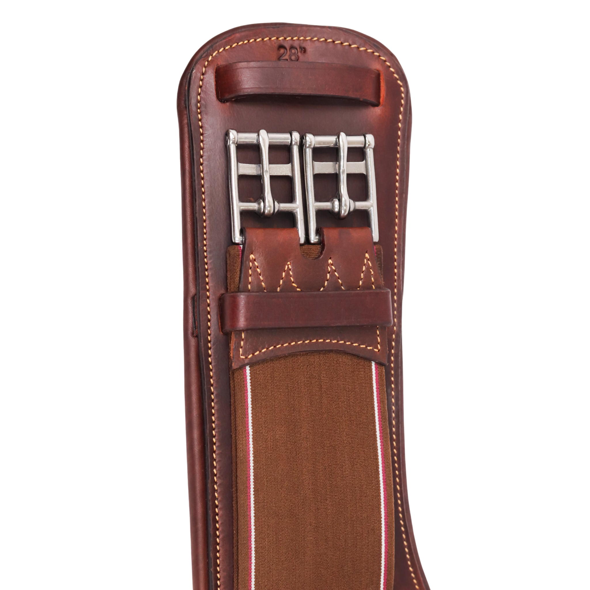 Close up of brown Powell girth on a white background. Photo focuses on the buckles and girth elatic.
