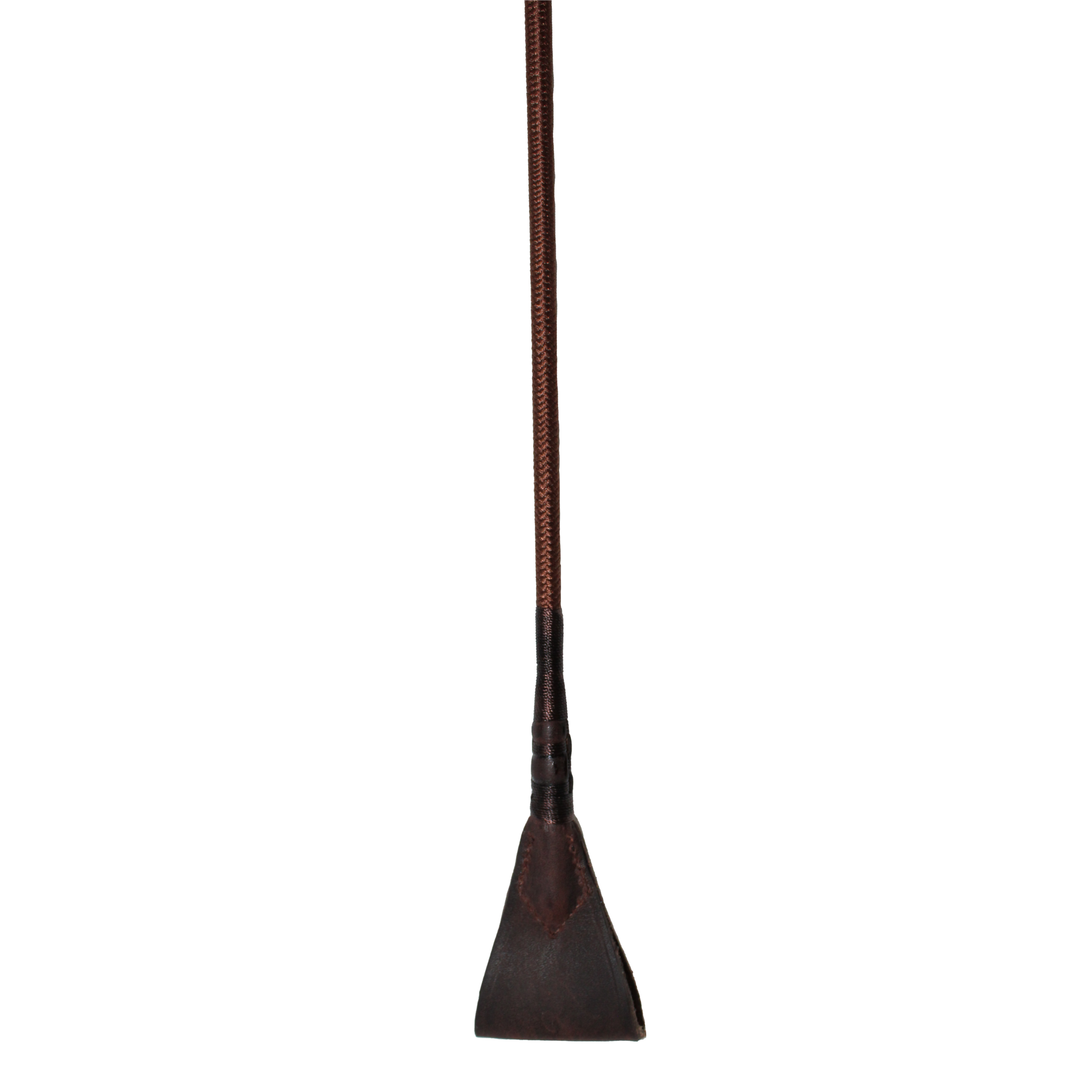 A brown nylon riding whip with a leather handle, laid out straight against a white background.