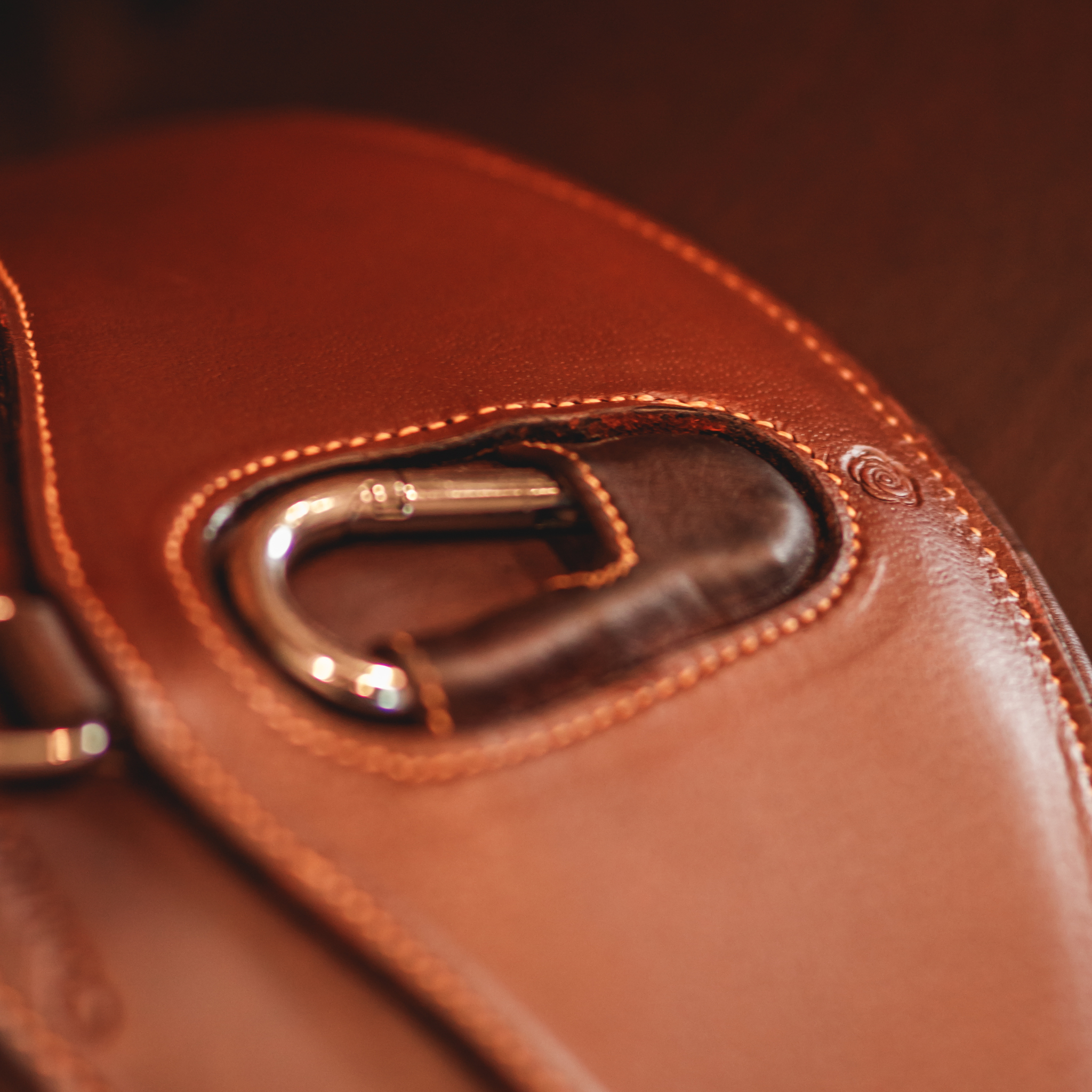 Close-up of the carabiner attachment on a brown leather anatomical girth
