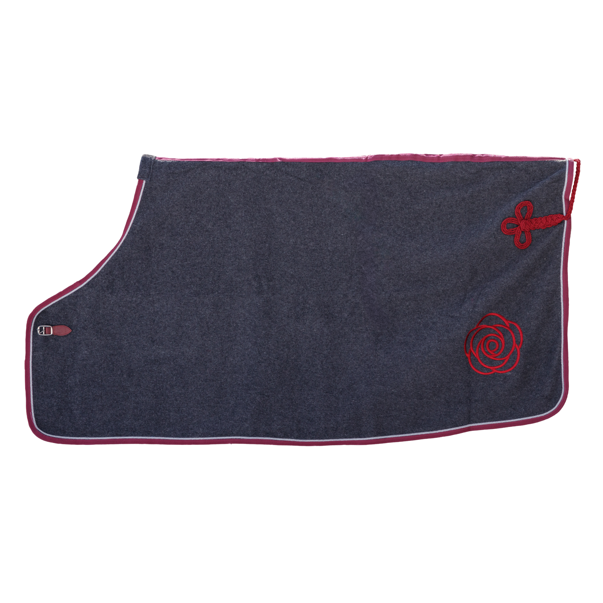Show Sheet with burgundy tail cord and peony logo against white background