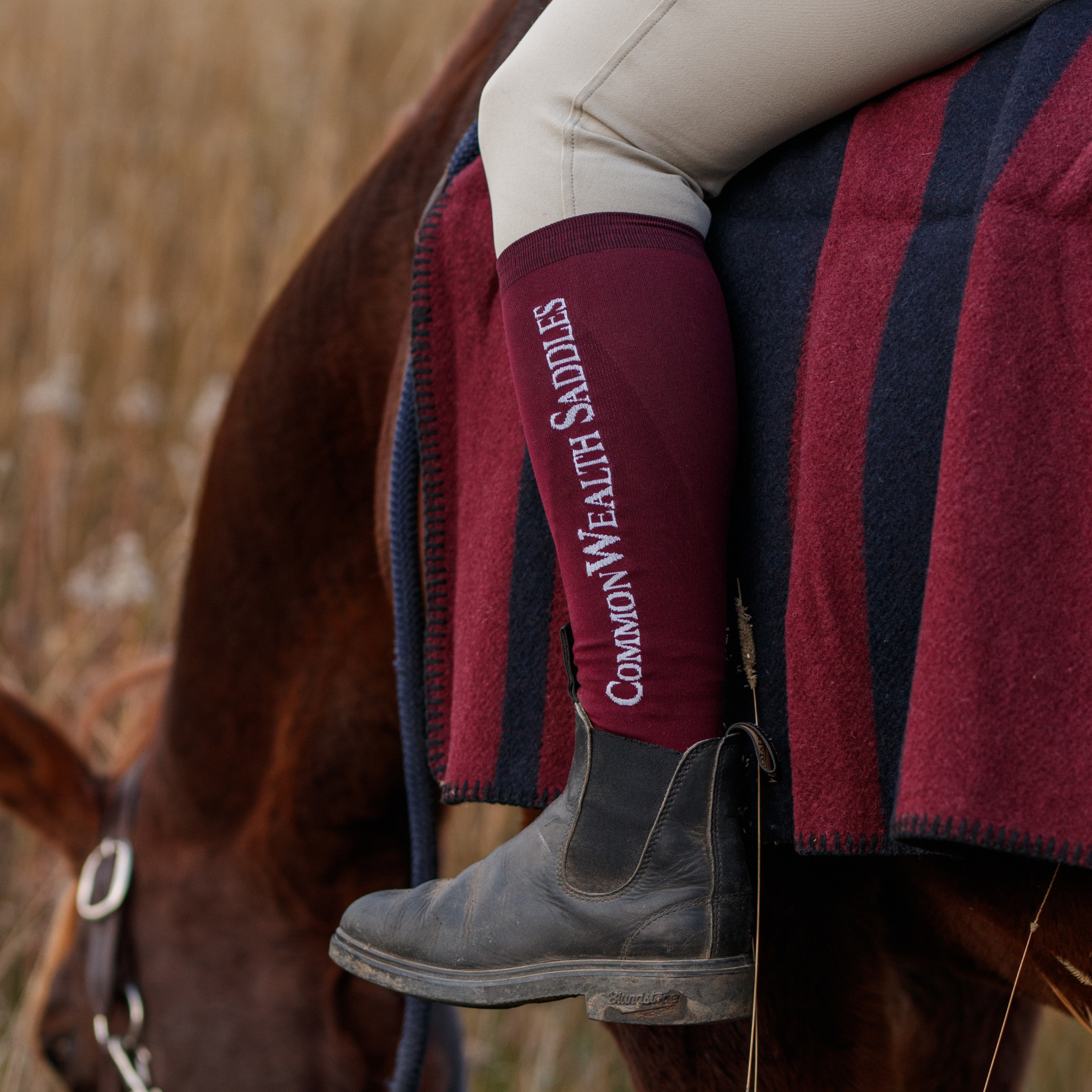 Close up photo of a rider sitting on a chestnut horse while the horse grazes in a field. The rider is wearing burgundy boot socks with "CommonWealth Saddles" logo, and Blundstone boots.
