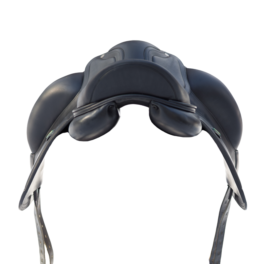 Rear view of an Amerigo Classic monoflap dressage saddle in black Pinerolo leather