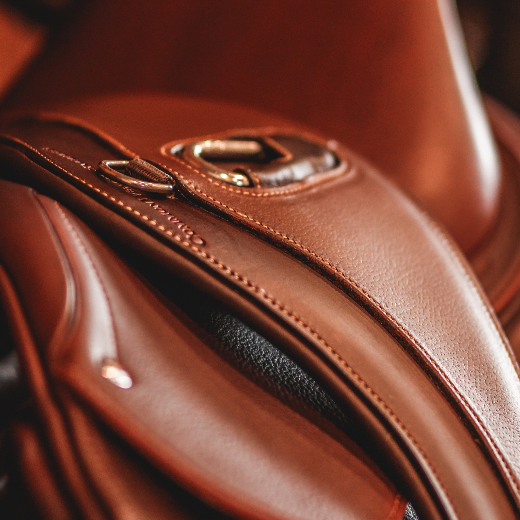 Close-up of a brown leather anatomical draped over a brown Meyer jumping saddle. 