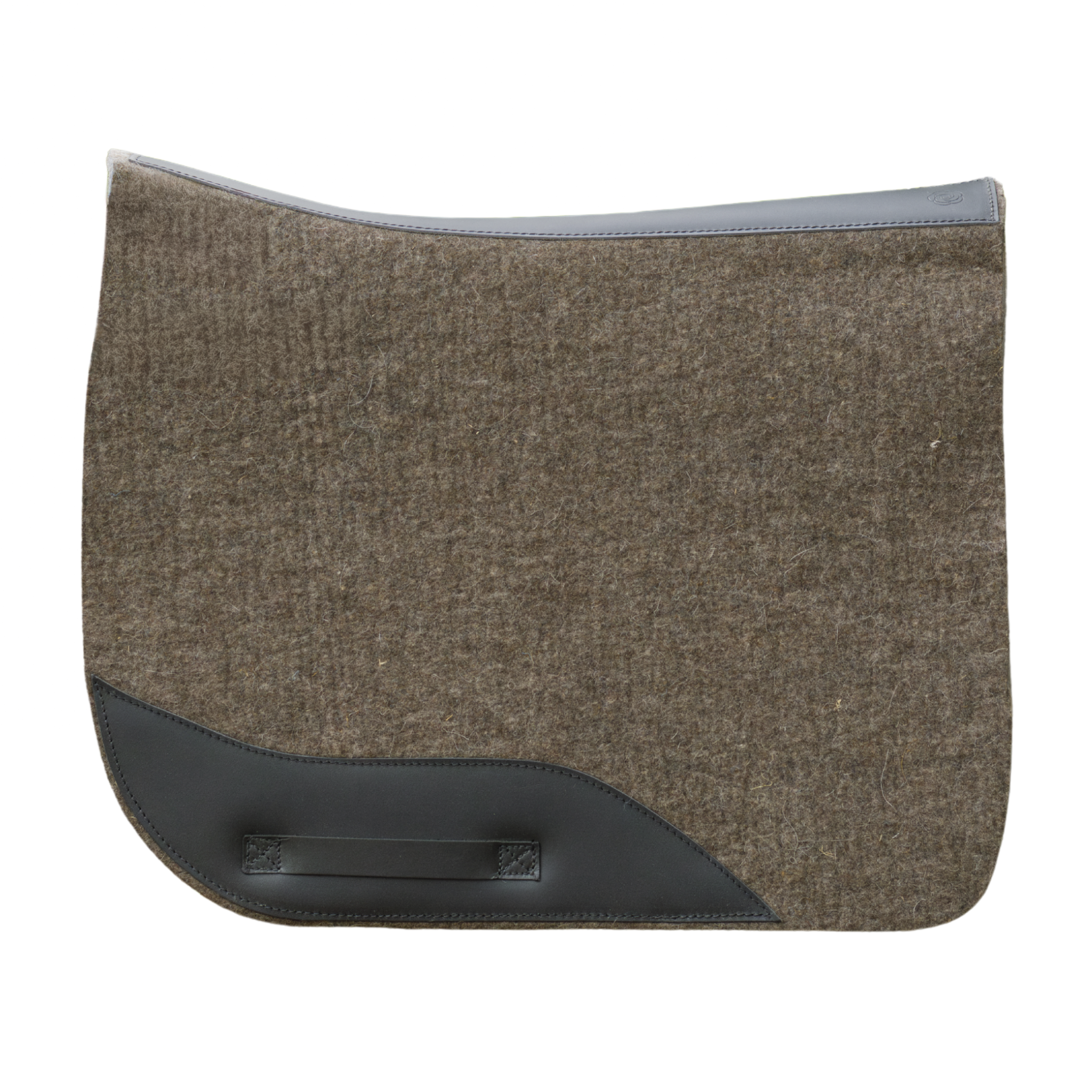 Natural felt dressage saddle pad with black leather accents on a white background