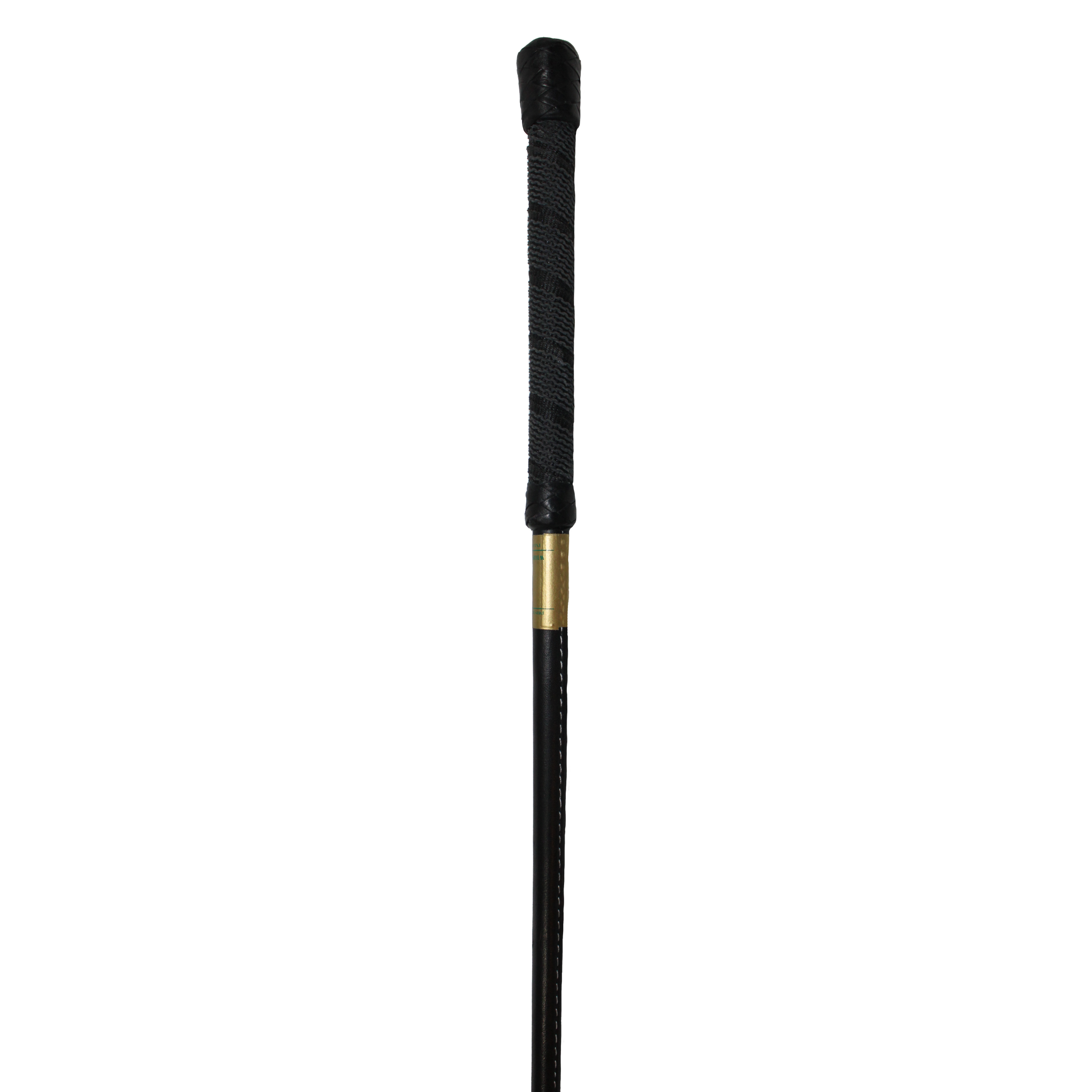 A black leather riding crop with a gold accent near the handle.