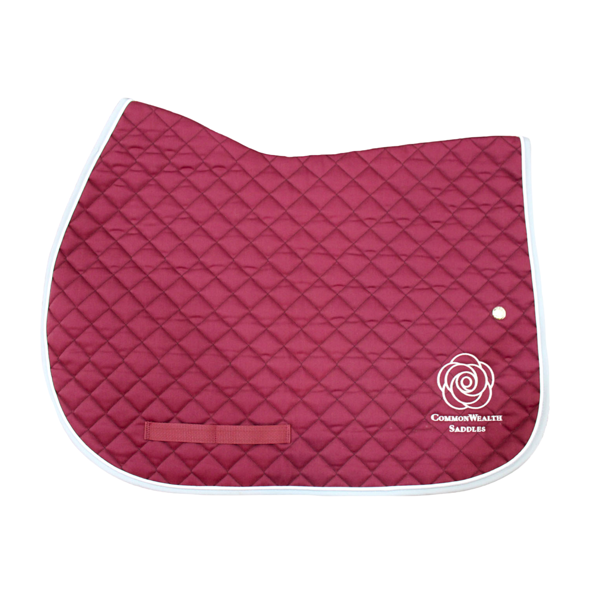 A quilted burgundy Ogilvy saddle pad with grey binding and white piping, and the CommonWealth logo on the back left corner of the pad. 