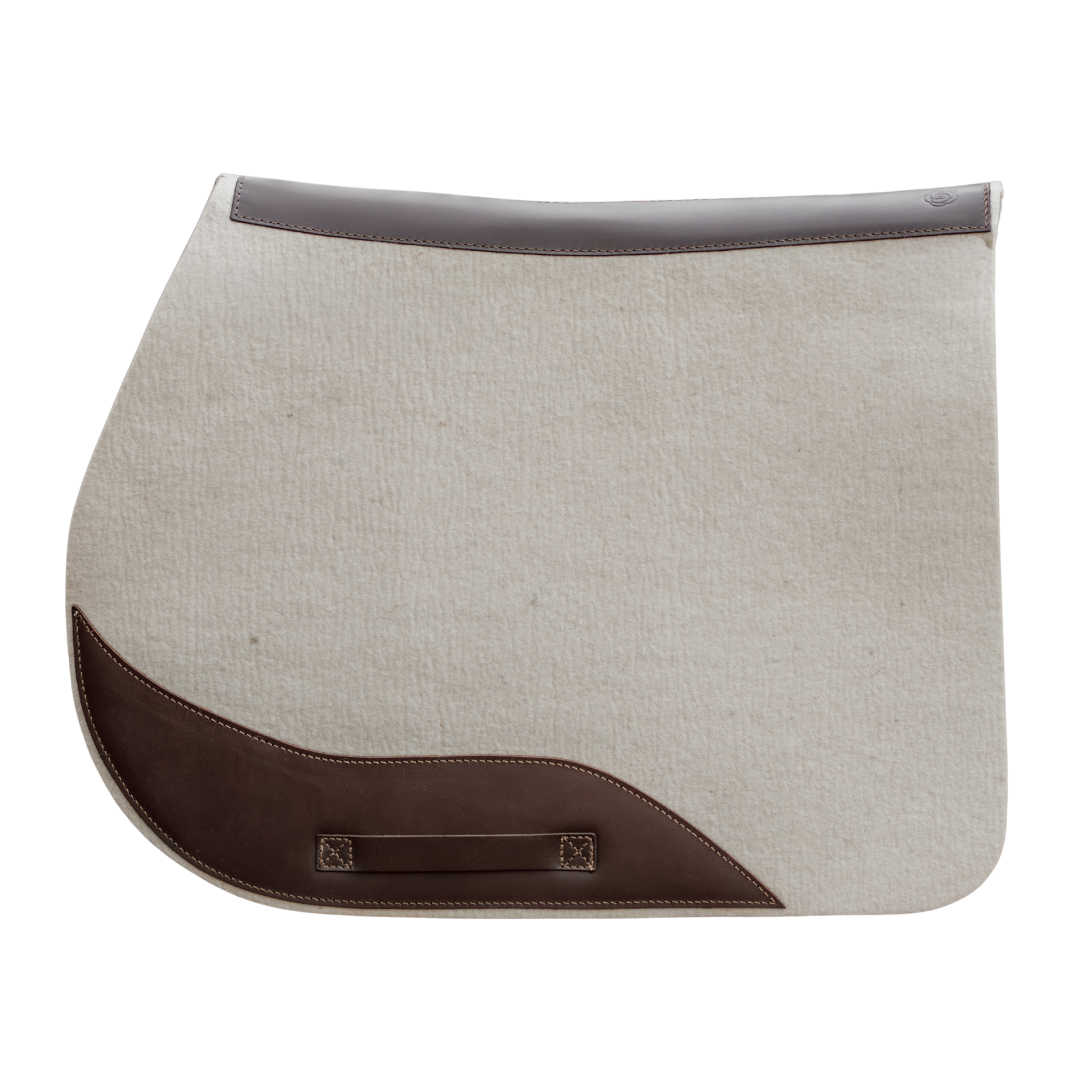 Cream felt jump saddle pad with brown leather accents on a white background