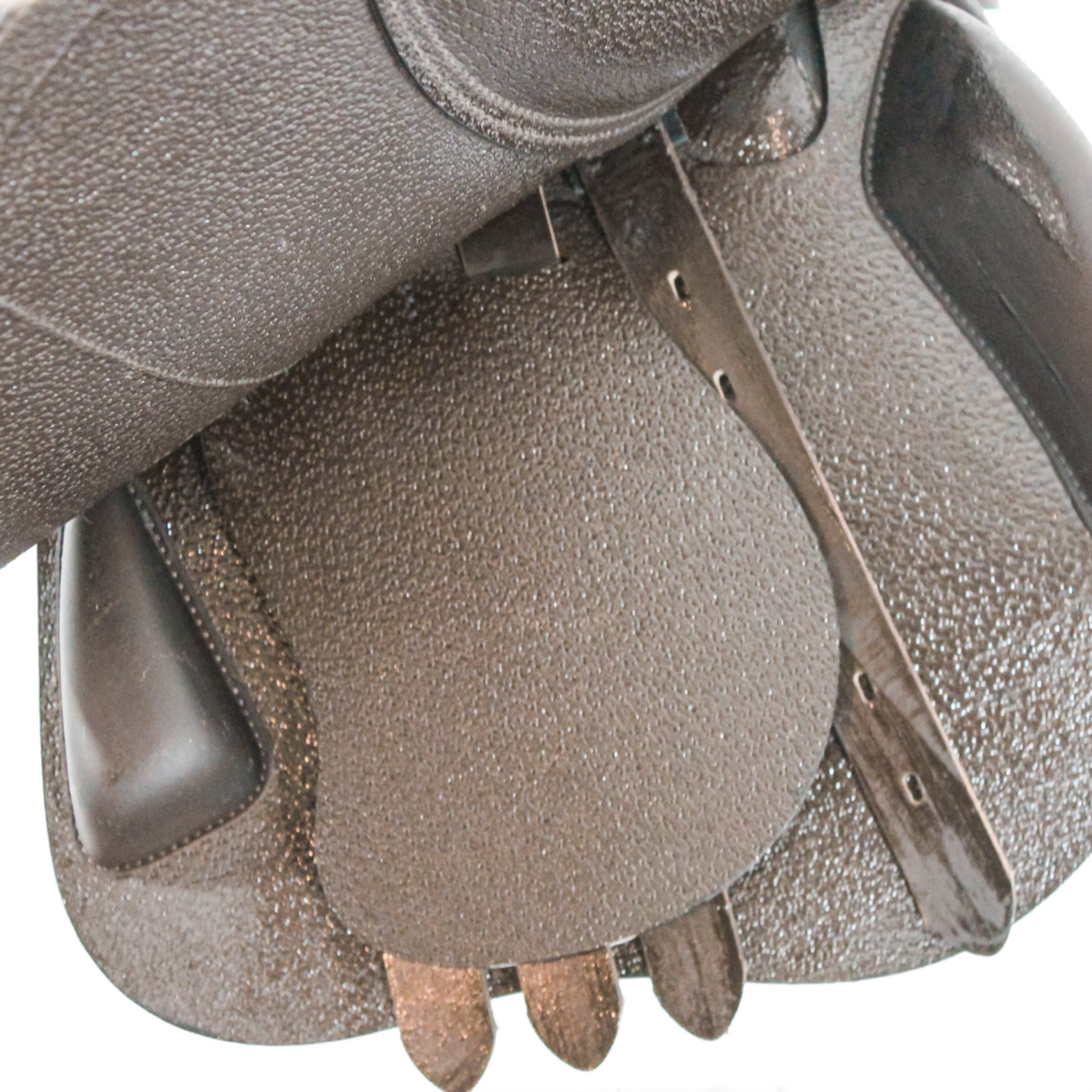 Right side profile view of an Amerigo HC dual flap jump saddle with the main flap lifted to see the billets, front blocks, and back blocks.