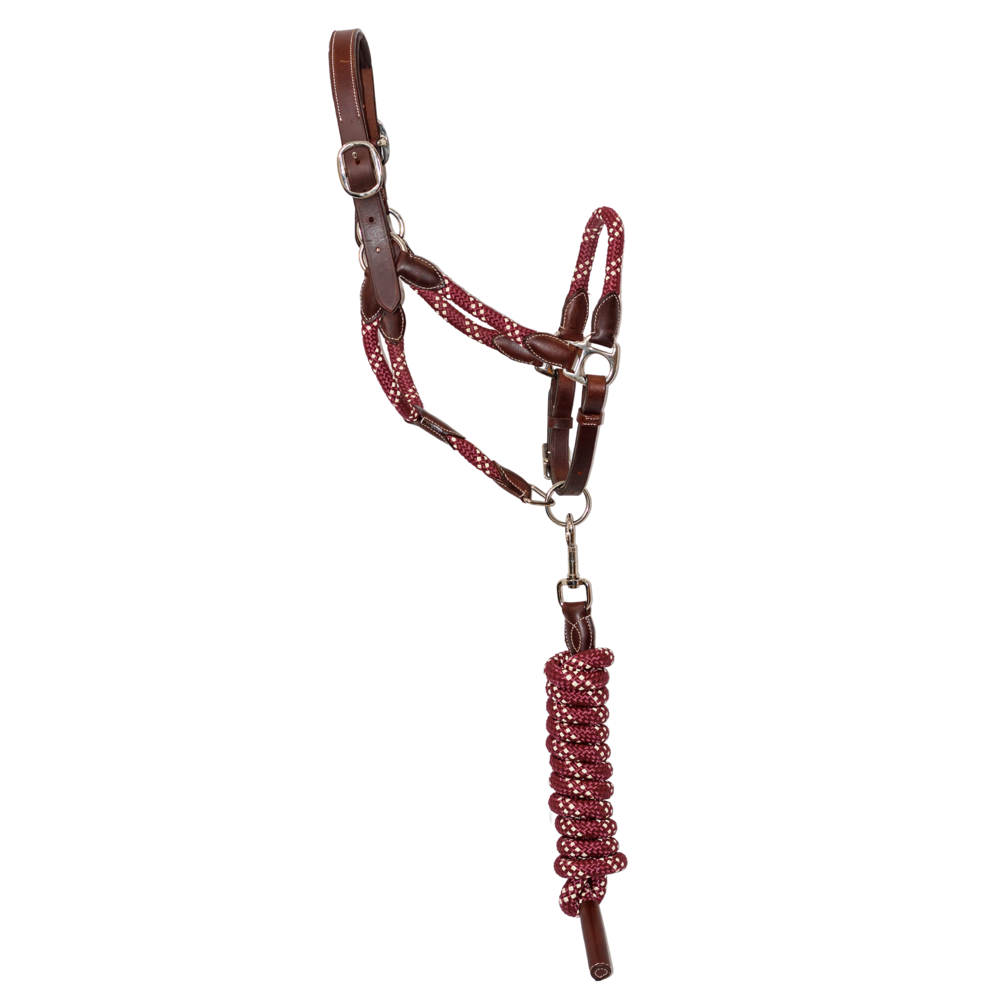 Right side view of Banff Leather & Rope Halter Set against a white background.