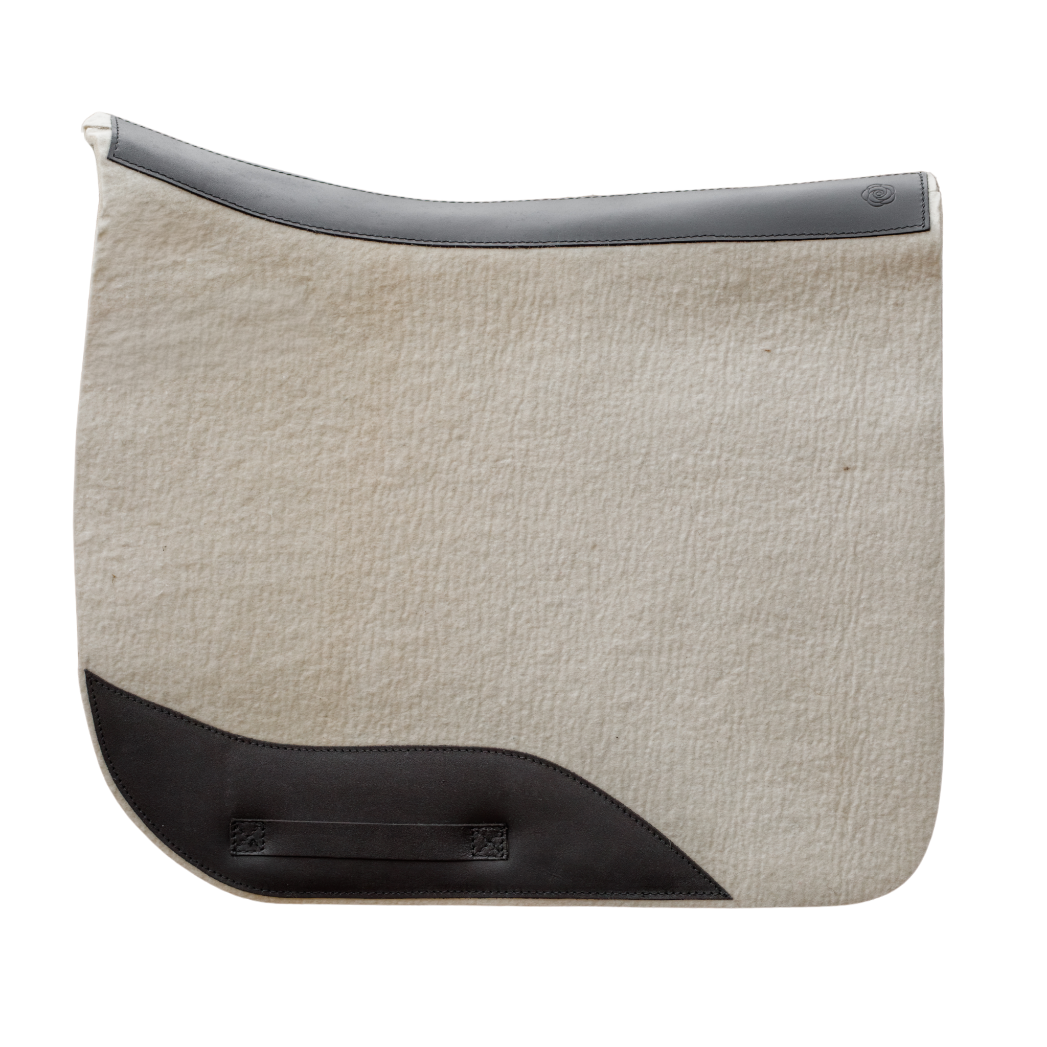 Cream felt dressage saddle pad with black leather accents on a white background