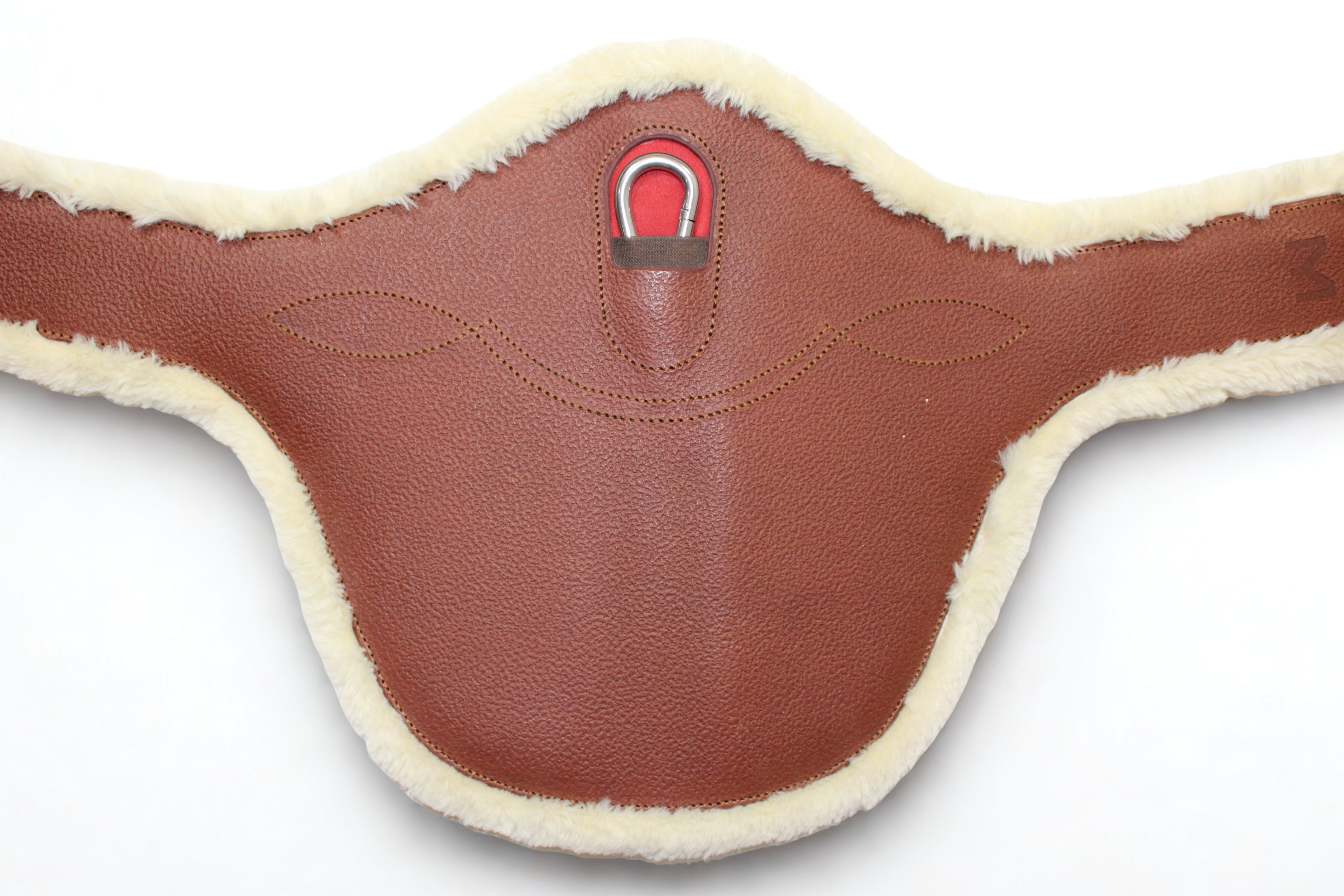Brown leather Meyer stud girth with natural sheepskin lining, centre carabiner with red accent, and fancy stitch detail against a white background