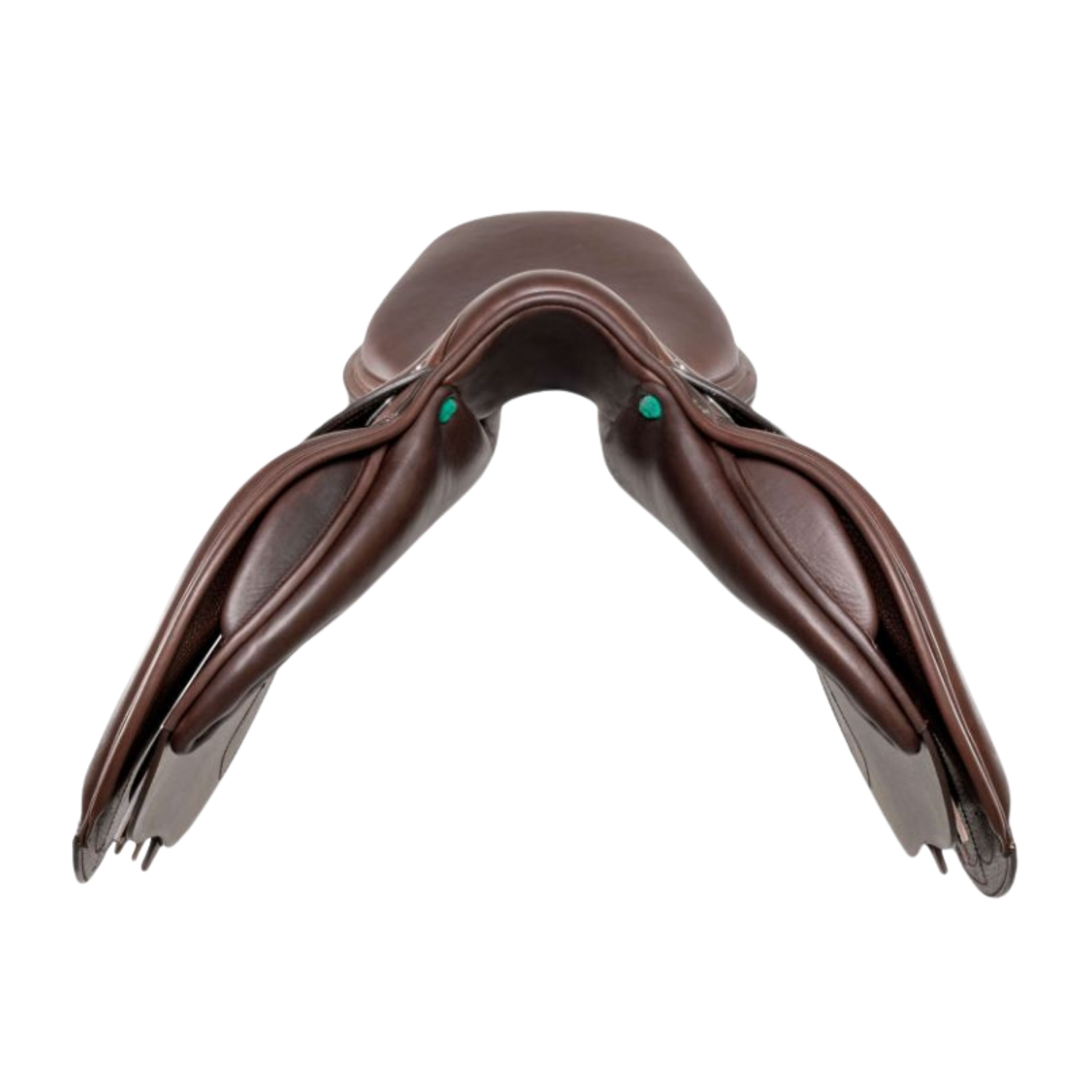 Front view of a dark brown leather Amerigo CC jump saddle.