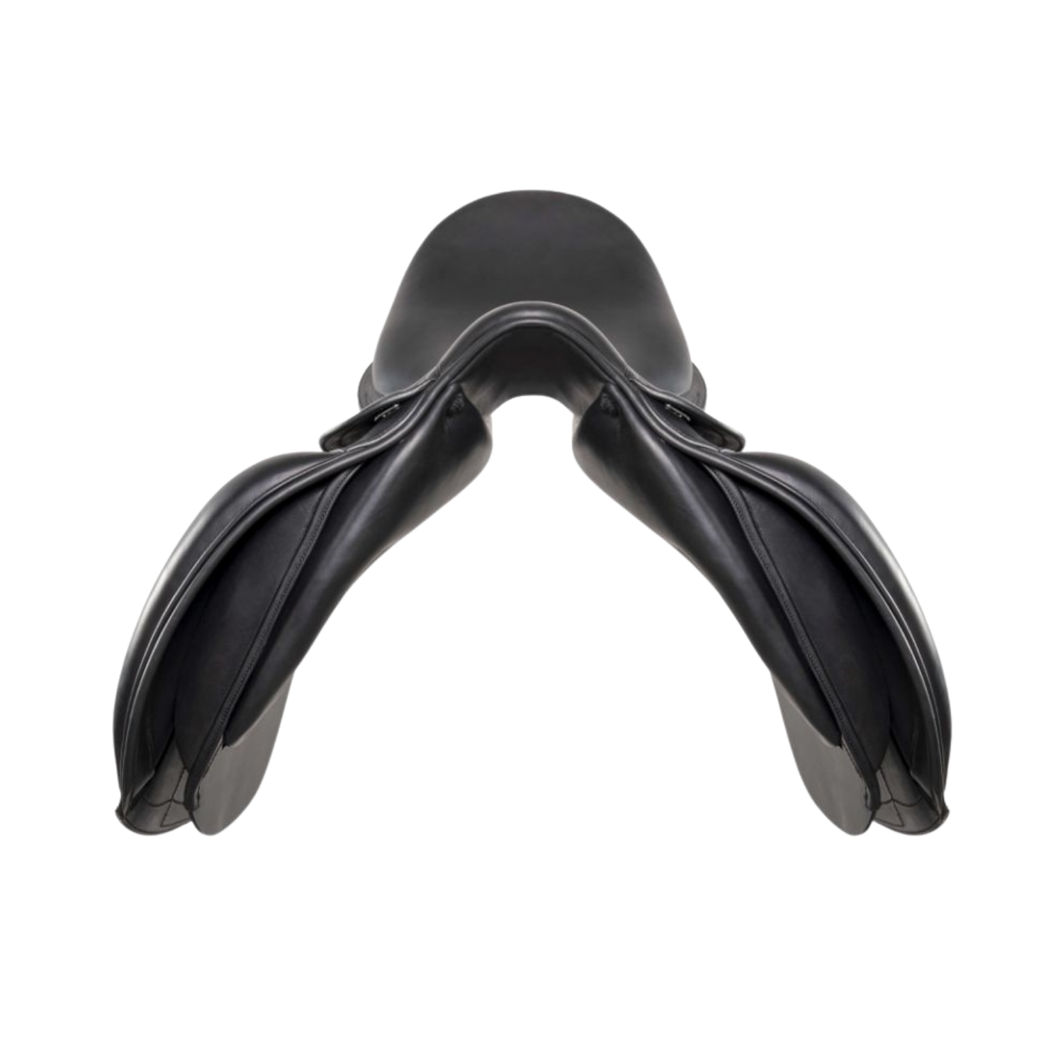 Front view of a black leather Amerigo Cervia dressage saddle 