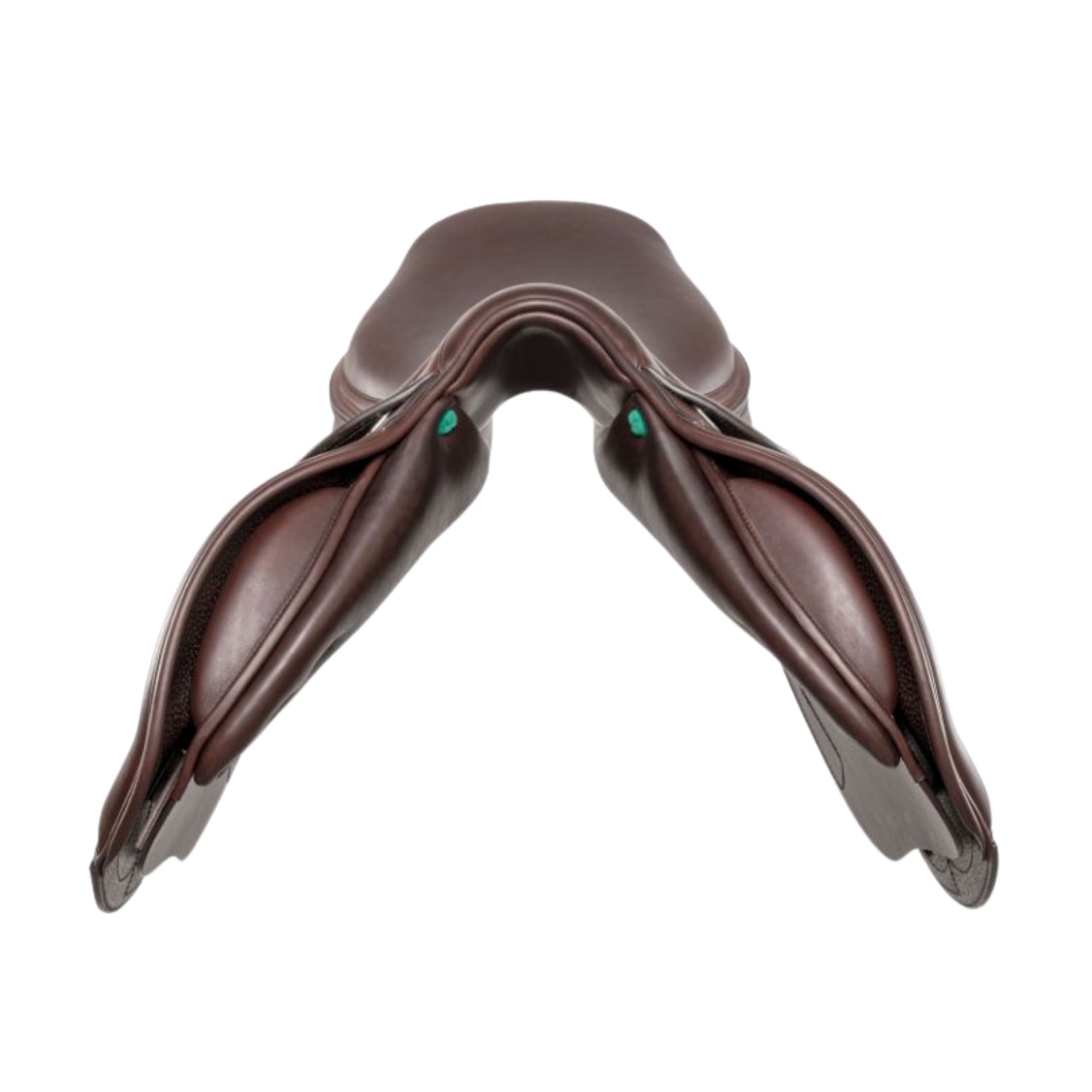 Front view of a dark brown leather Amerigo DJ jump saddle.