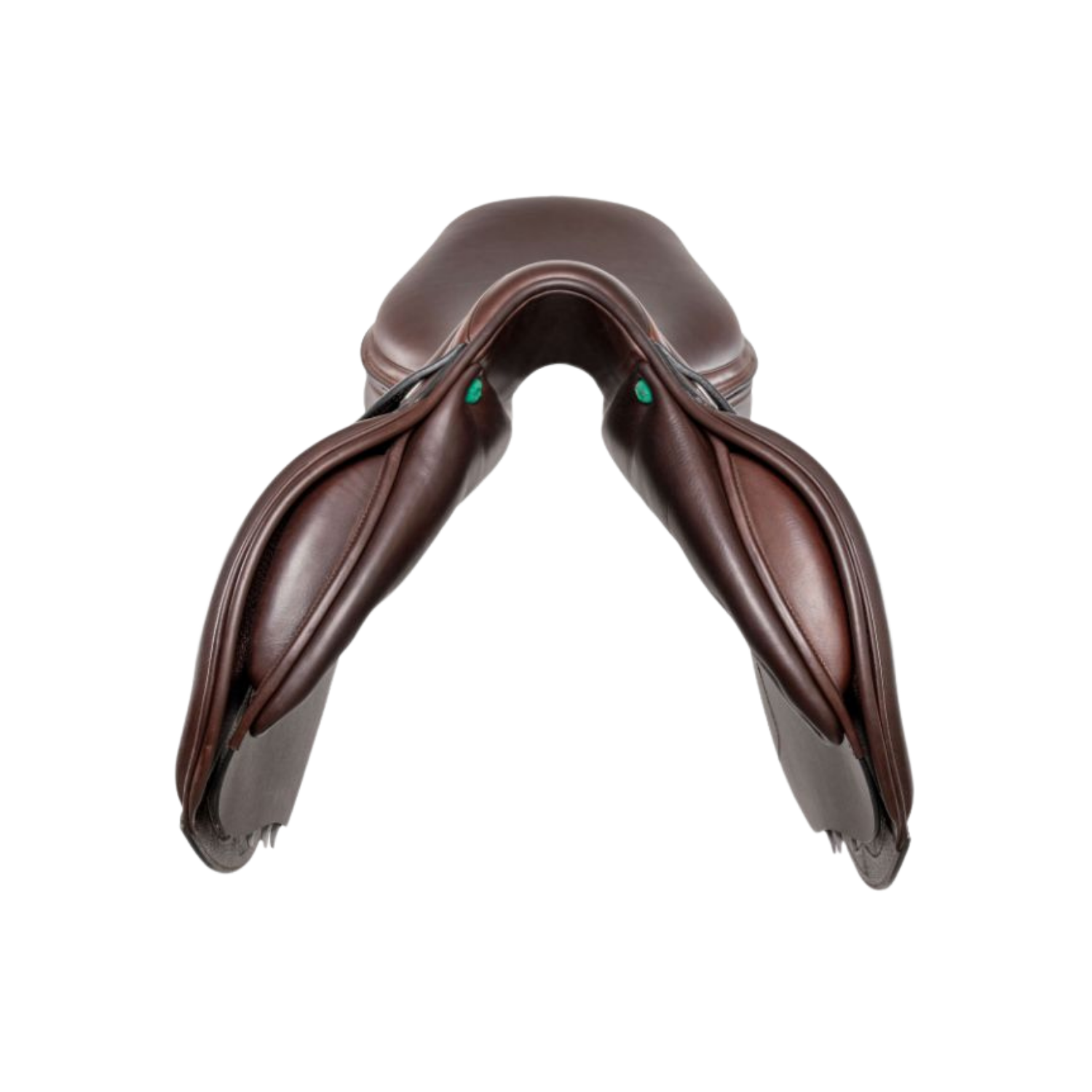 Front view of a dark brown leather Amerigo HC jump saddle