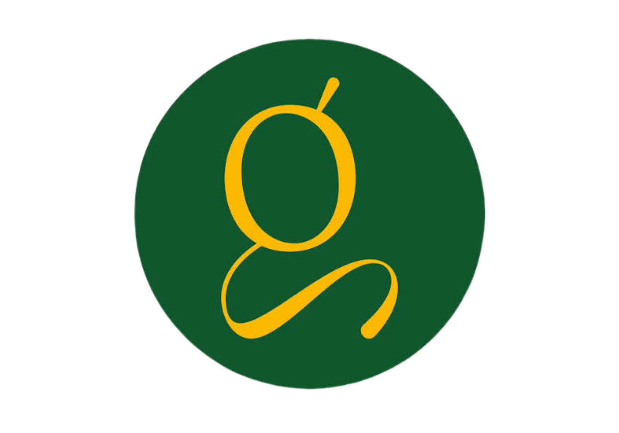 A dark green circular logo containing a stylized yellow lowercase 'g', centered on a plain white background.