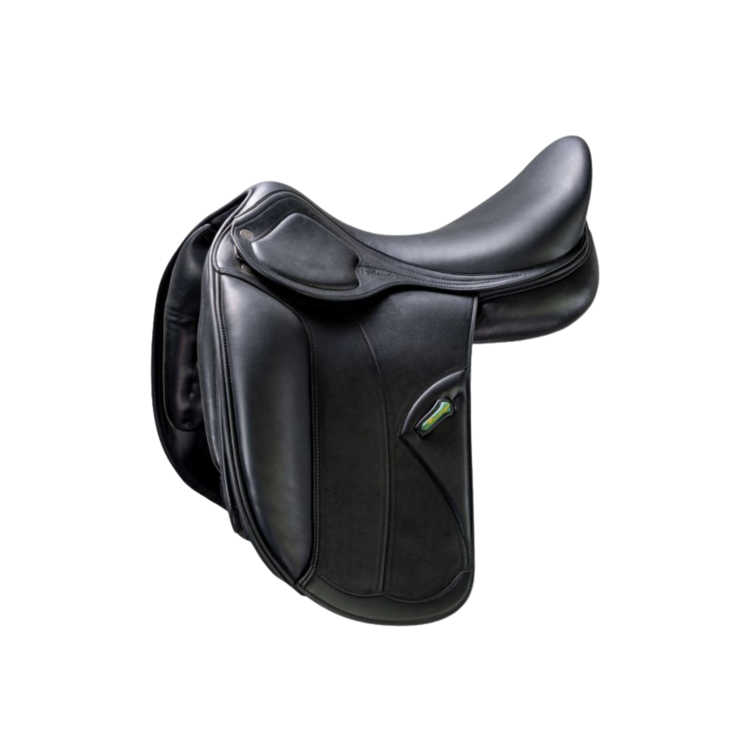 Side view of a black leather Amerigo Pasubio dressage saddle with a small green stirrup keeper accent, shown on a plain white background.