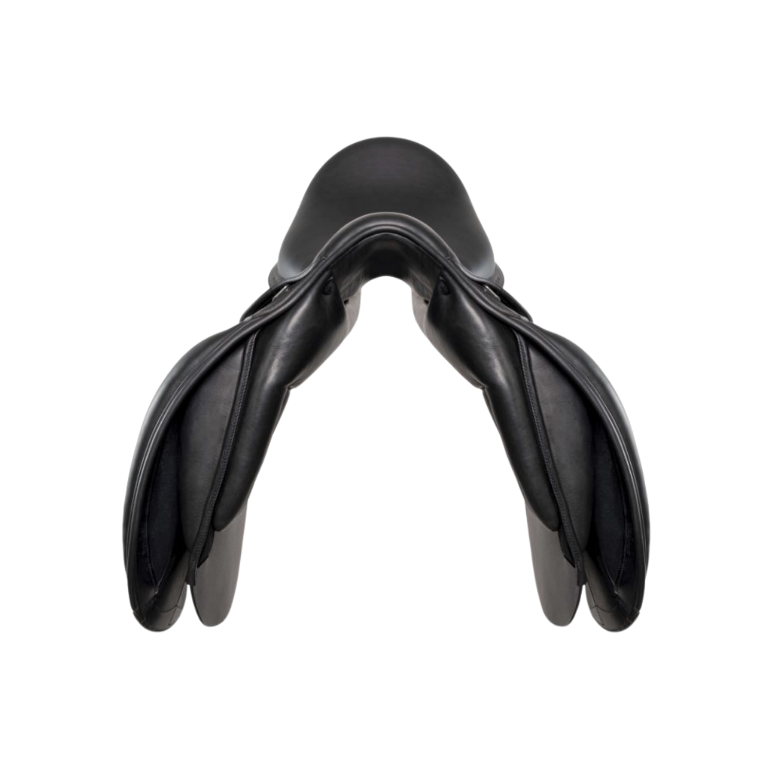 Front view of a black leather Amerigo Pasubio dressage saddle.