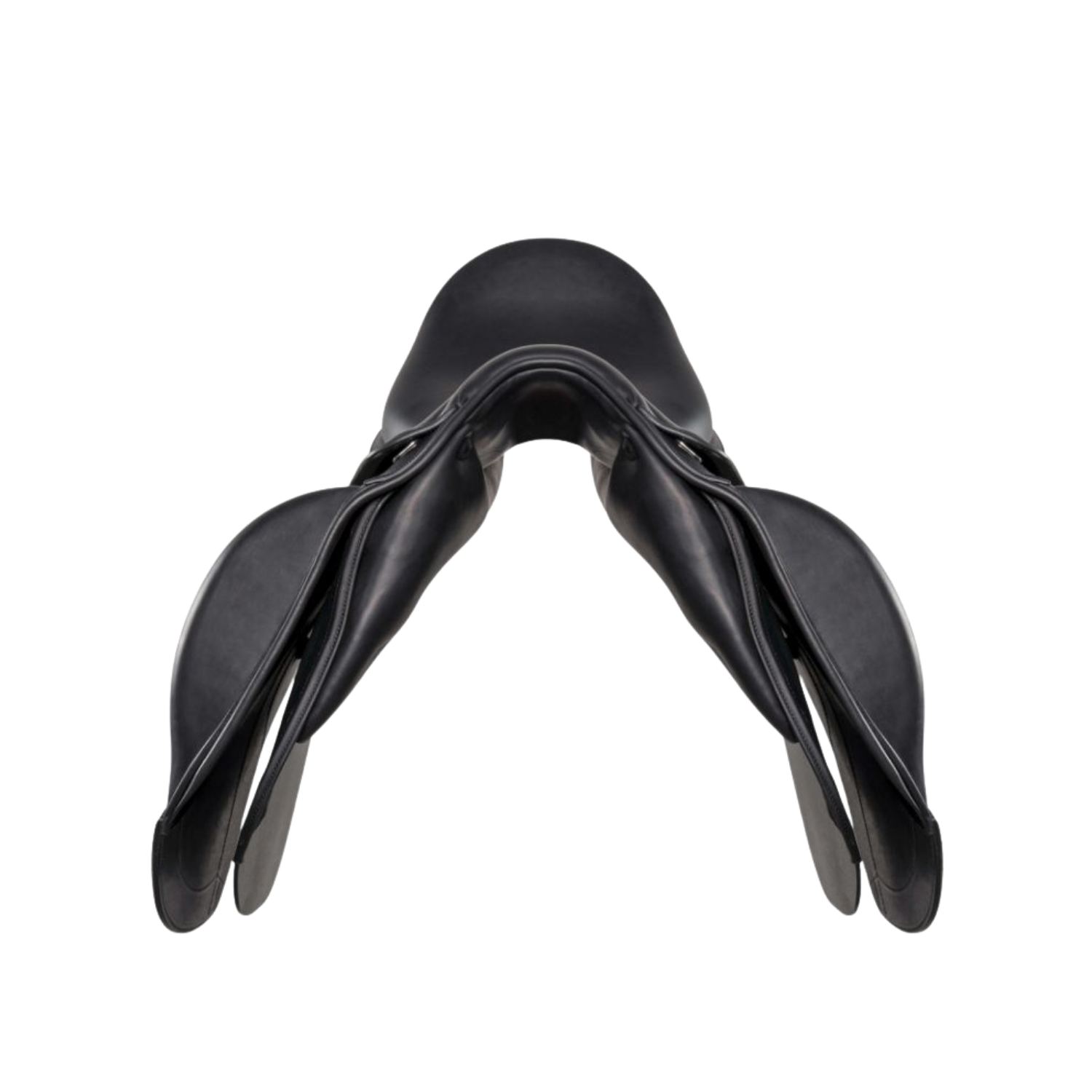 Front view of a black leather Amerigo Selva dressage saddle.