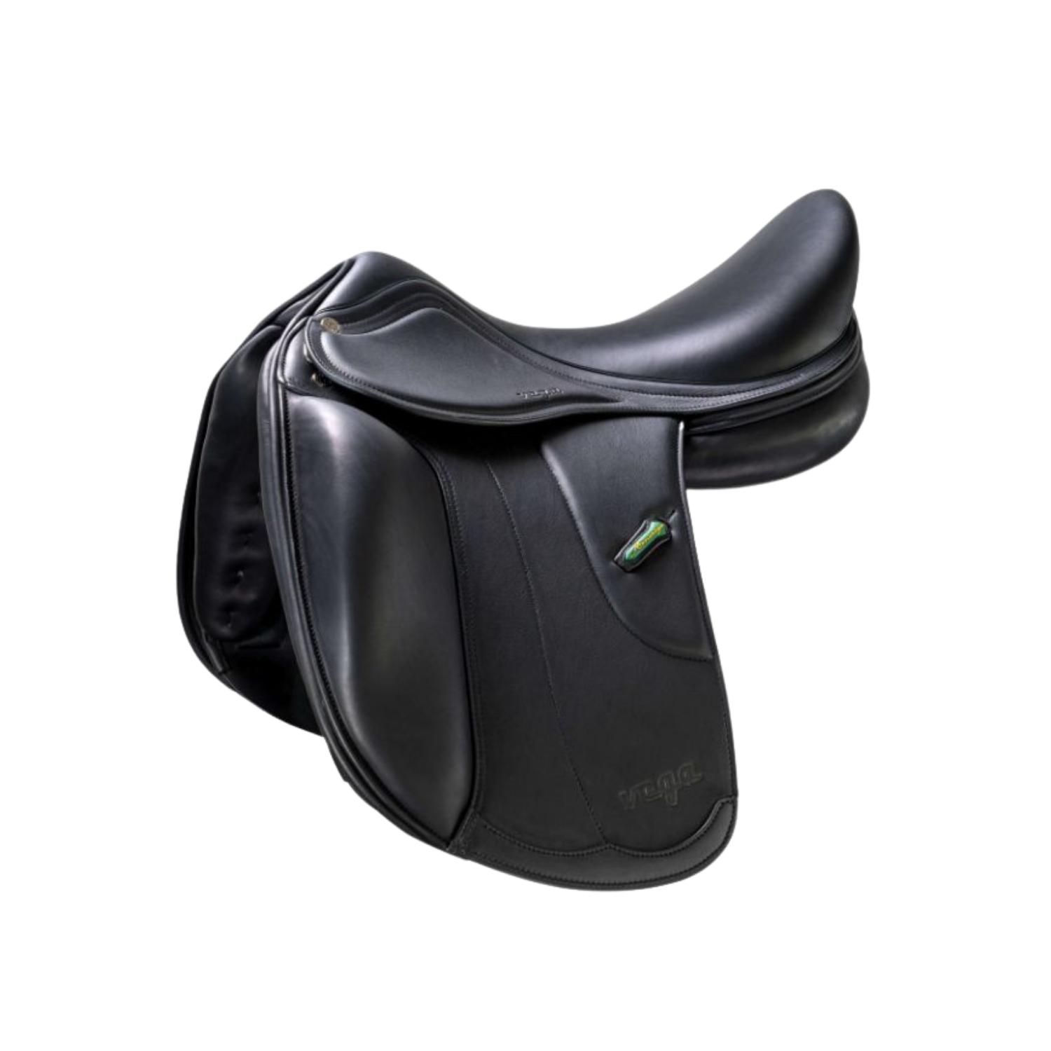 Side view of a black leather Amerigo Vega dressage saddle with a small green stirrup keeper accent, shown on a plain white background.