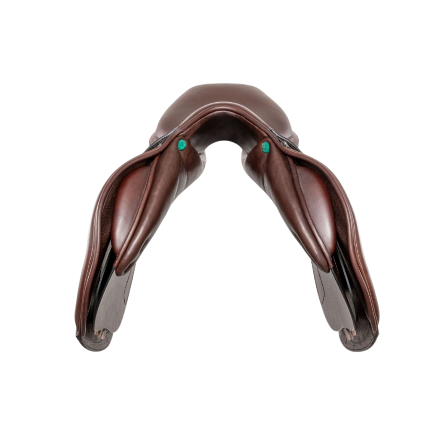 Front view of a dark brown leather Amerigo Vega jump saddle