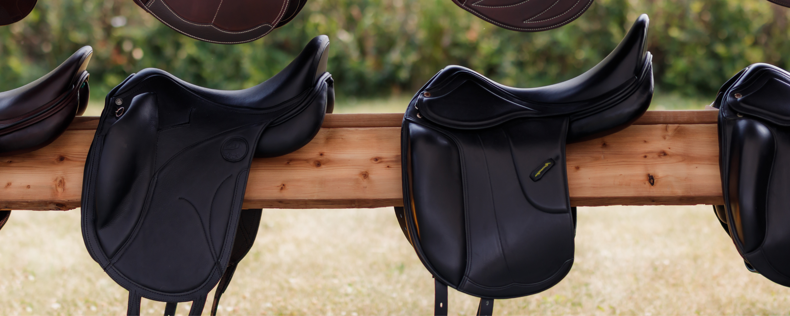 Black dressage saddles on a wooden stand with a blurred natural background