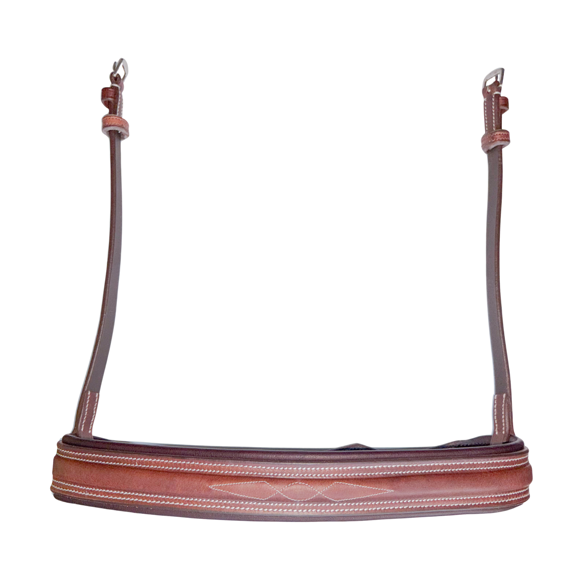 Wide hunter noseband against a white background; the noseband is brown with white contrast stitching, and a white fancy stitch pattern at the center of the noseband