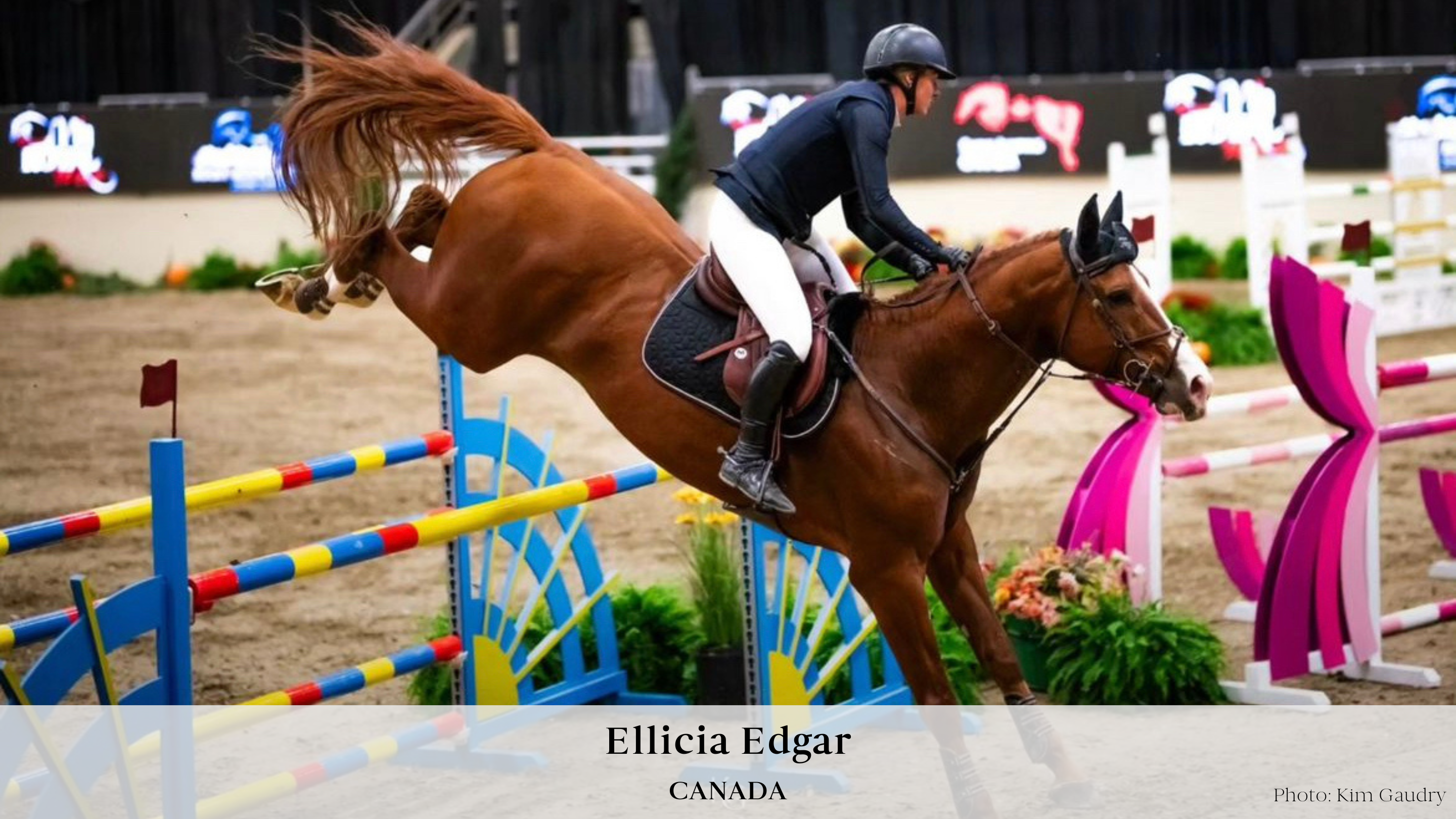 Canadian showjumper Ellicia Edgar and her chestnut stallion Messenger landing off of a large oxer at Royal West