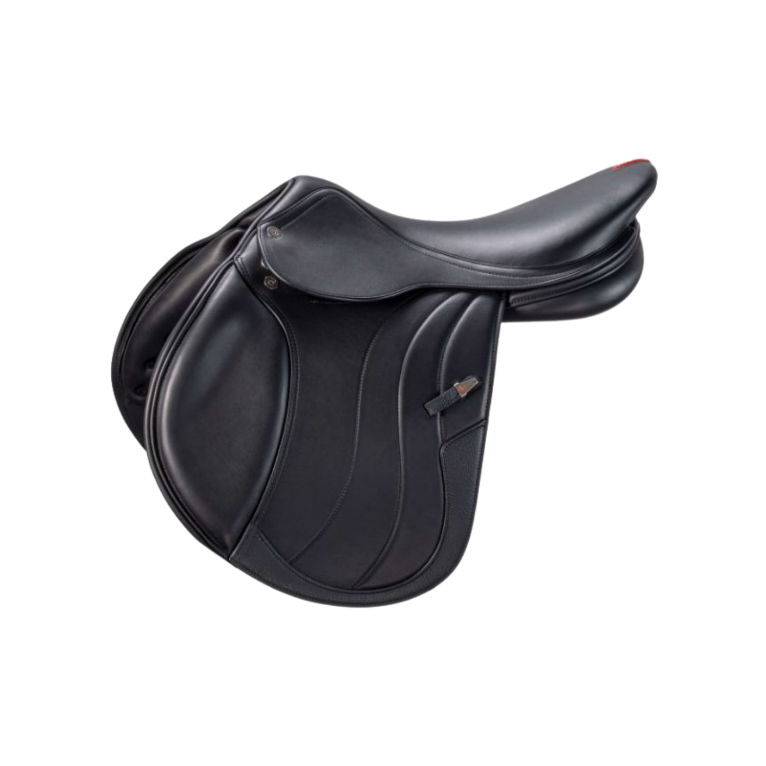 Side view of a black leather Equipe EK Allegra jump saddle with a small sliver and red stirrup keeper accent, shown on a plain white background.