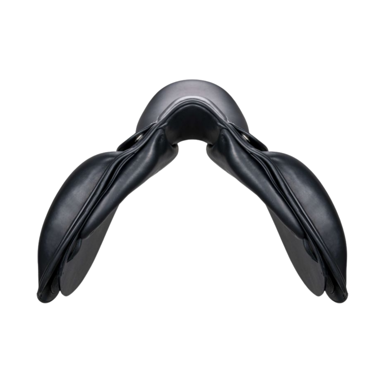 Front view of a black leather Equipe Elegance dressage saddle.