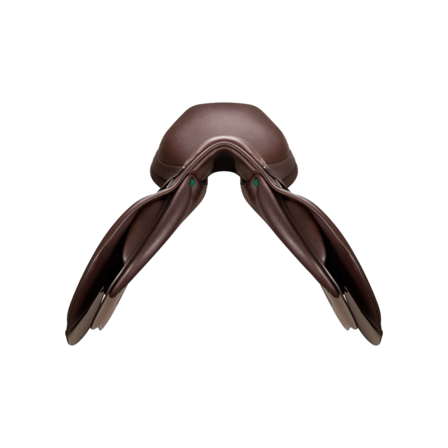 Front view of a black leather Equipe Emporio jump saddle.