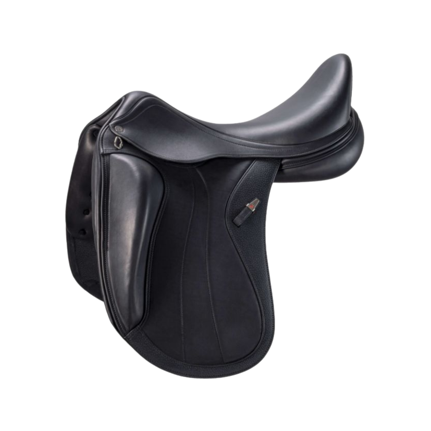 Side view of a black leather Equipe Glamour dressage saddle with a small sliver and red stirrup keeper accent, shown on a plain white background.